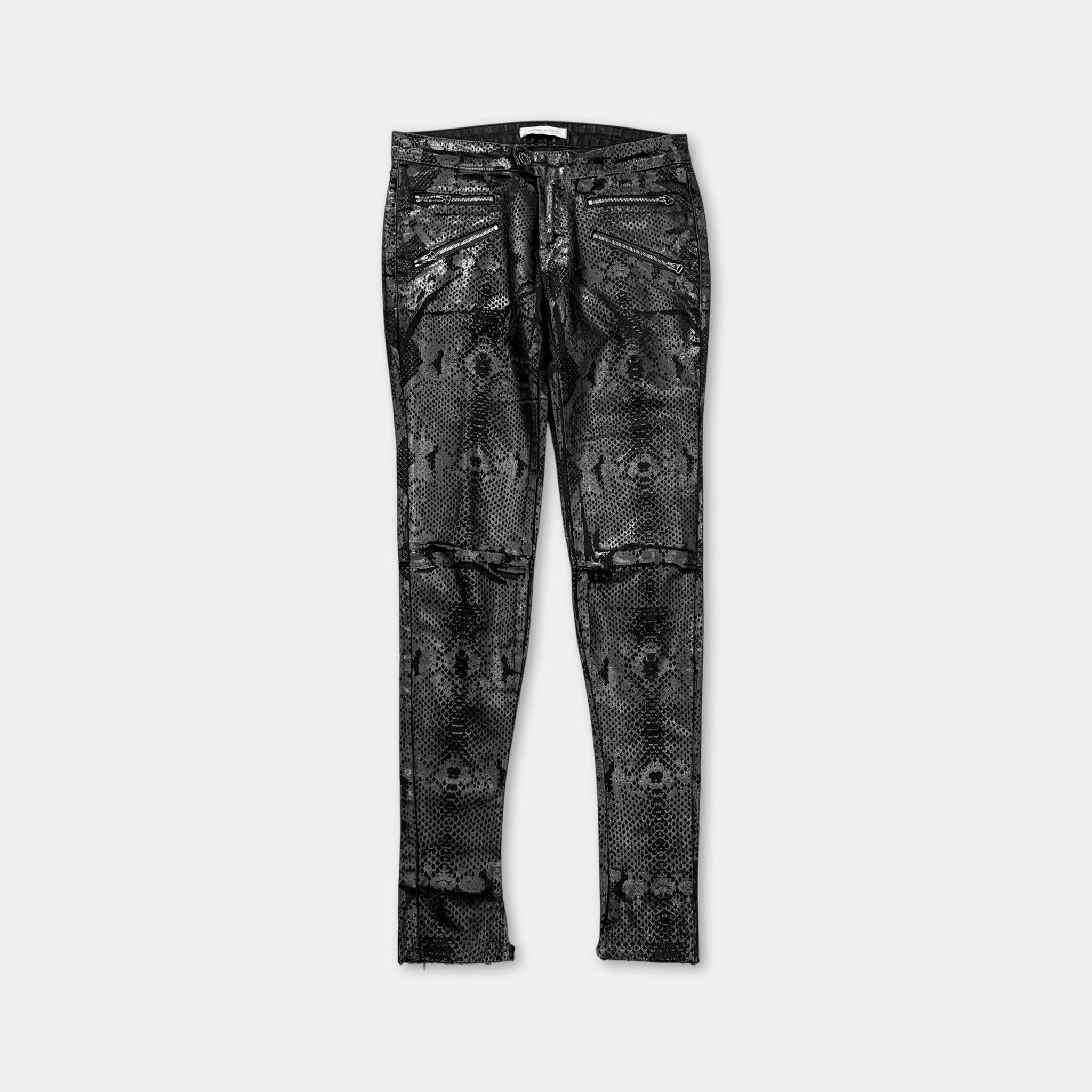 Pierre Balmain Snakeskin Coated Multi-Zip Biker Skinny Jeans