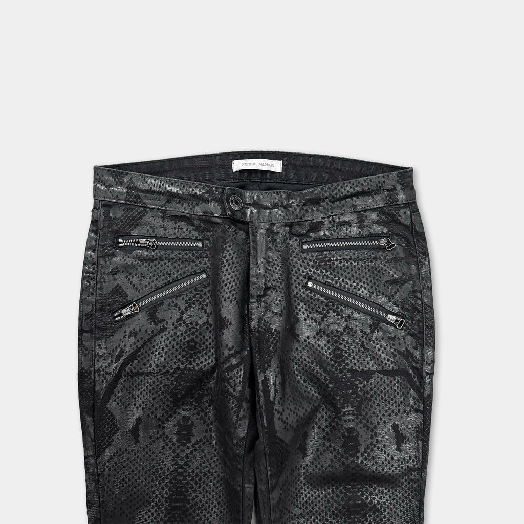 Pierre Balmain Snakeskin Coated Multi-Zip Biker Skinny Jeans
