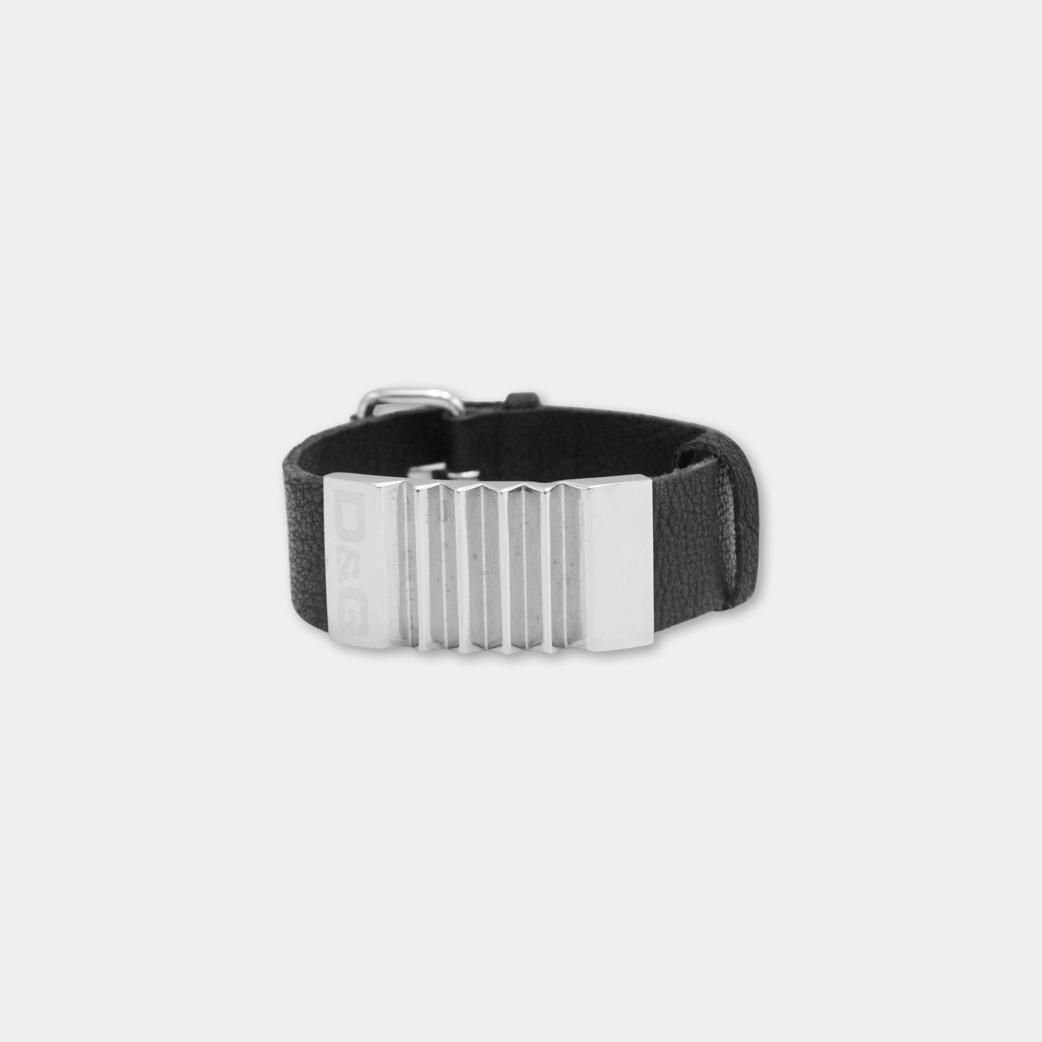 A black leather bracelet with a silver metal clasp.