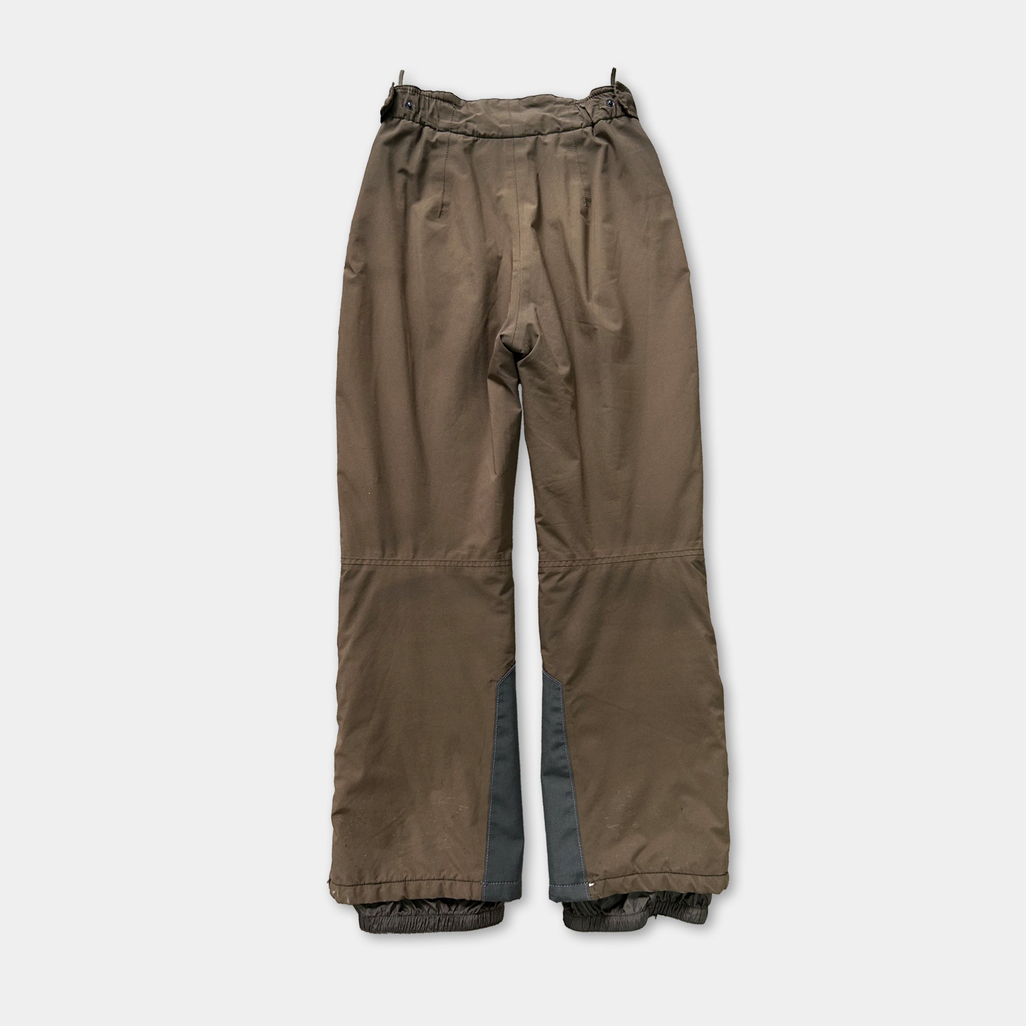 A pair of brown snow pants with a zipper and a drawstring waist, designed for winter or cold weather activities.