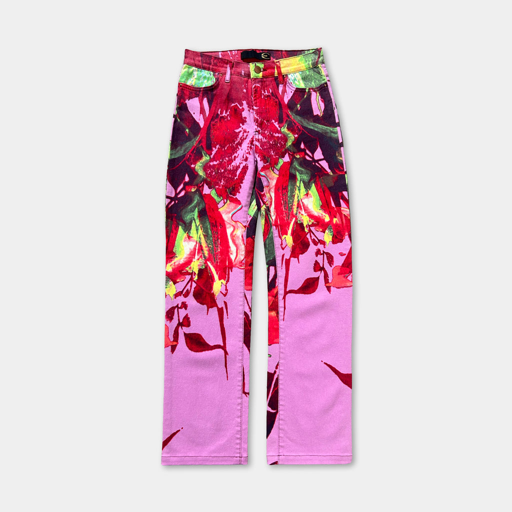 A pair of colorful, patterned pants with a vibrant floral design.