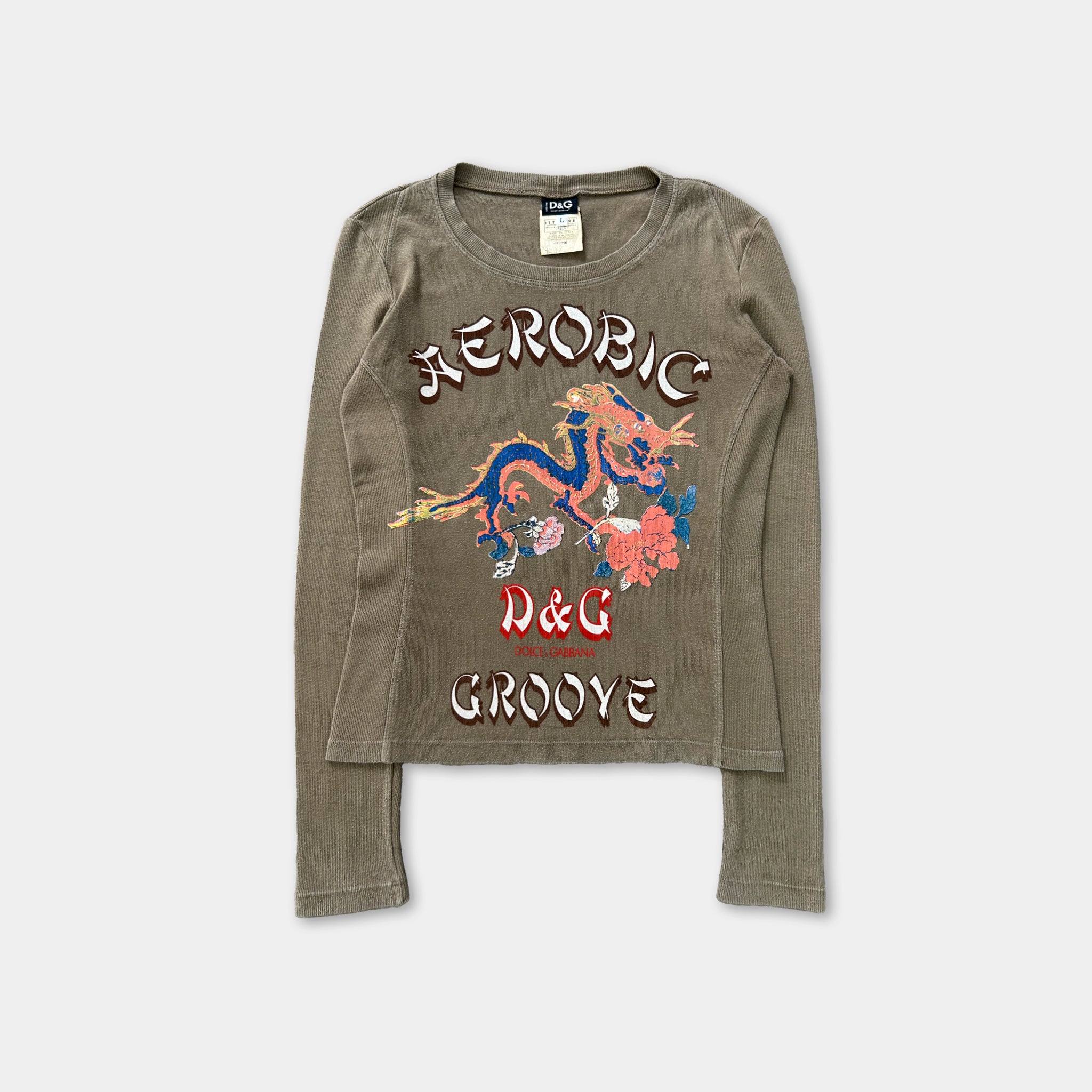A gray long-sleeved shirt with a dragon design and text printed on it.