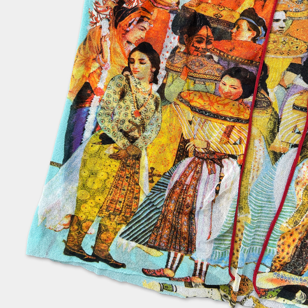 The image is a vibrant collage featuring a variety of colorful and intricate patterns, including traditional Indian clothing and other cultural elements.