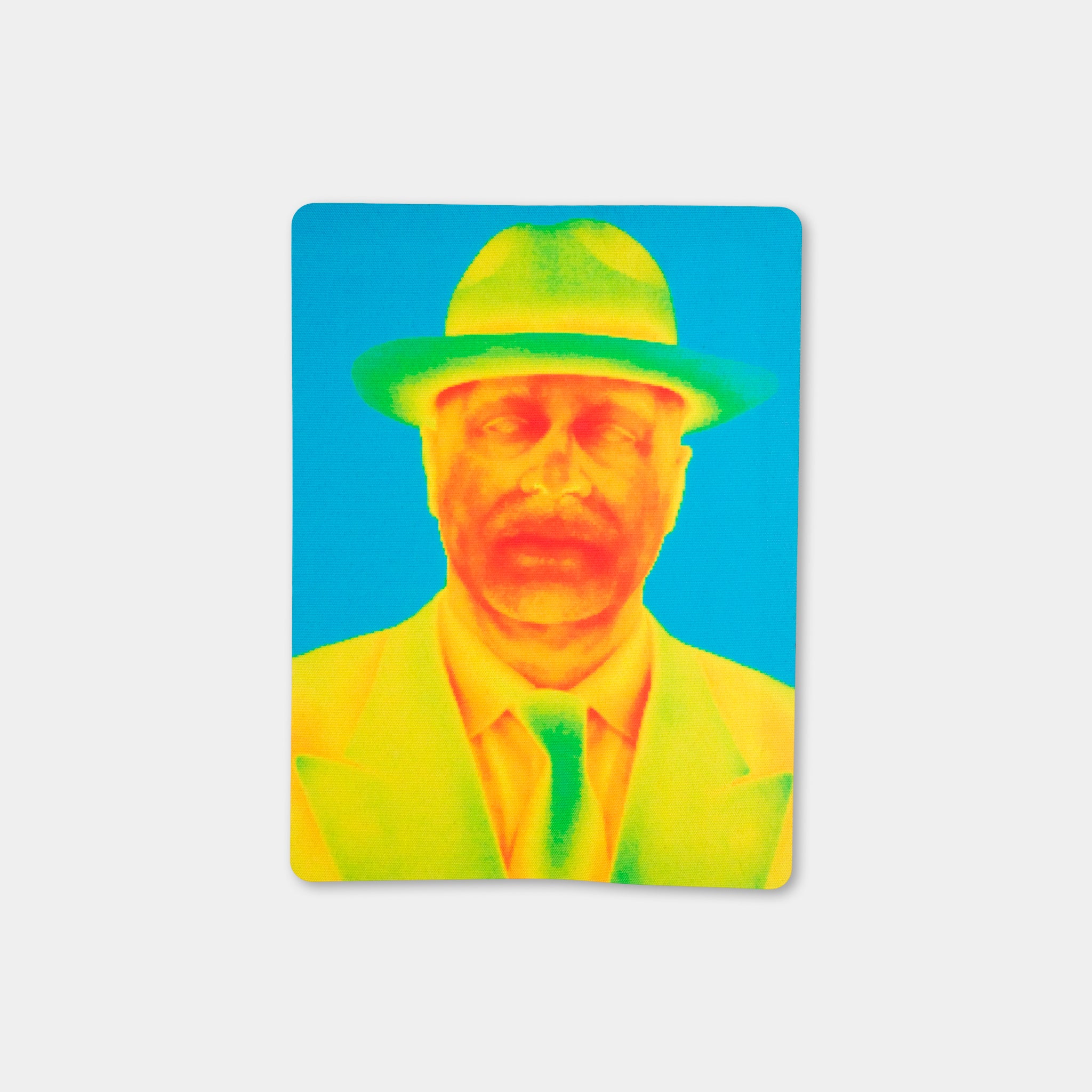 A man wearing a hat and suit is depicted in a vibrant, colorful image.