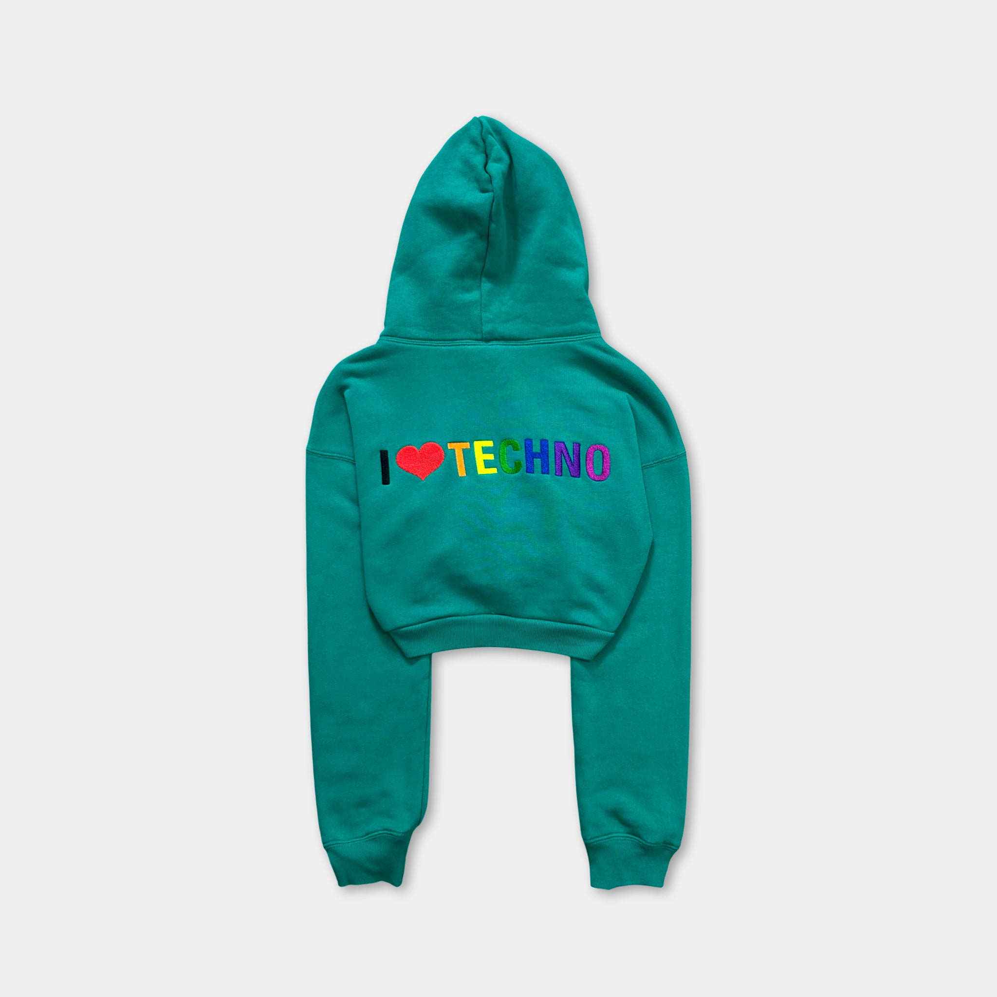 Balenciaga 2018 Cropped "I Love Techno" Green Zip Hoodie