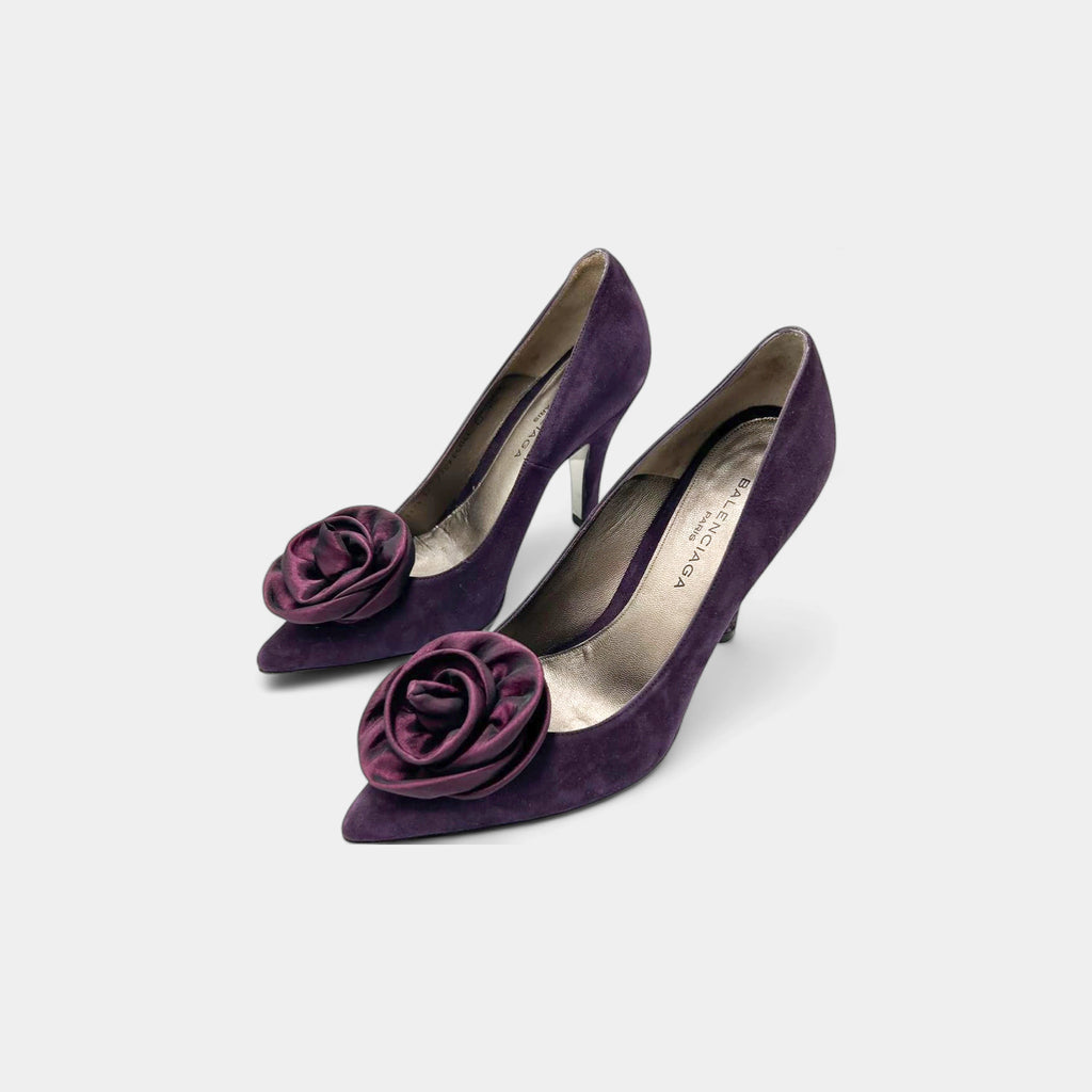 Balenciaga 2002 Purple Suede Rose Pumps by Nicolas Ghesquière