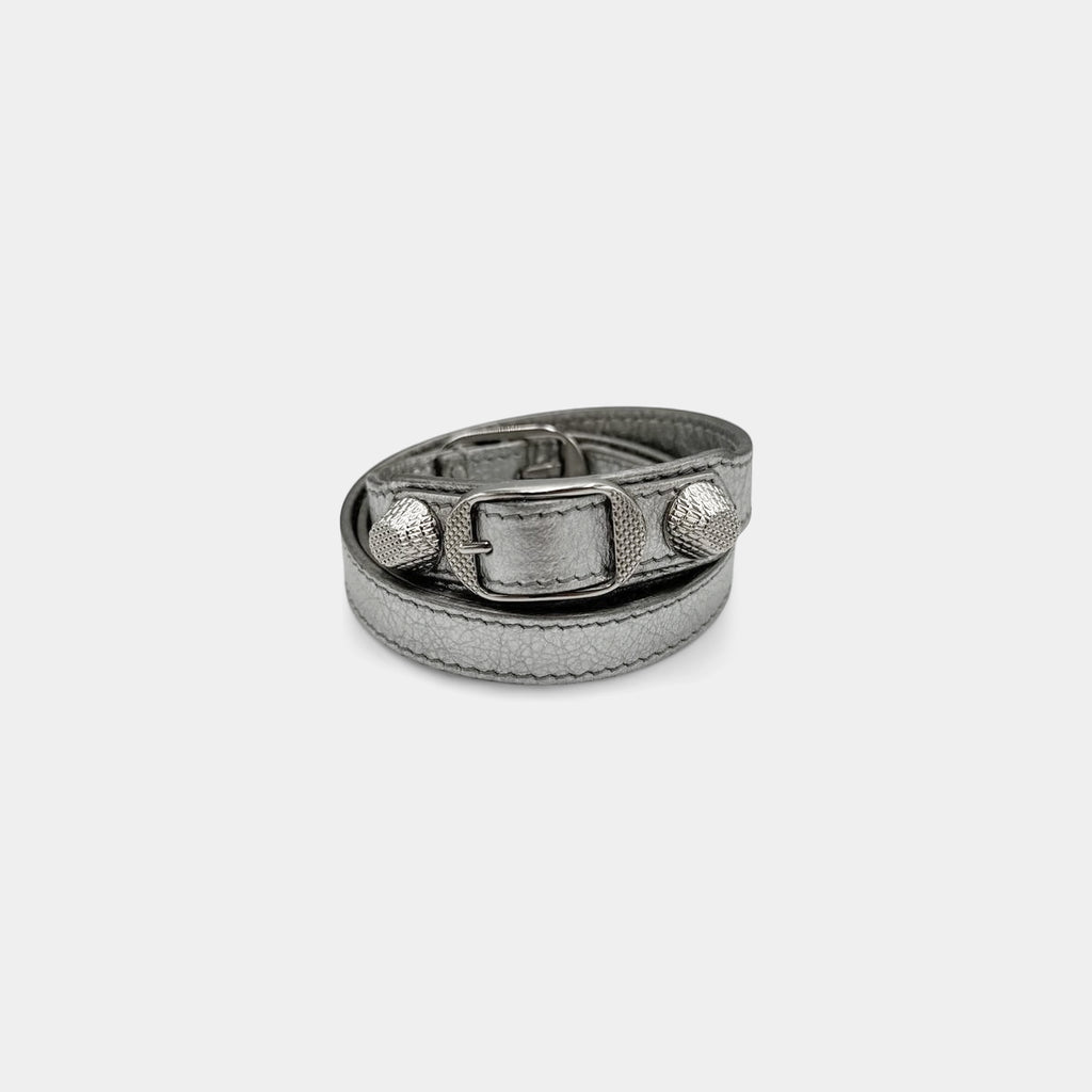 Balenciaga Metallic Silver Arena Leather City Stud Wrap Bracelet