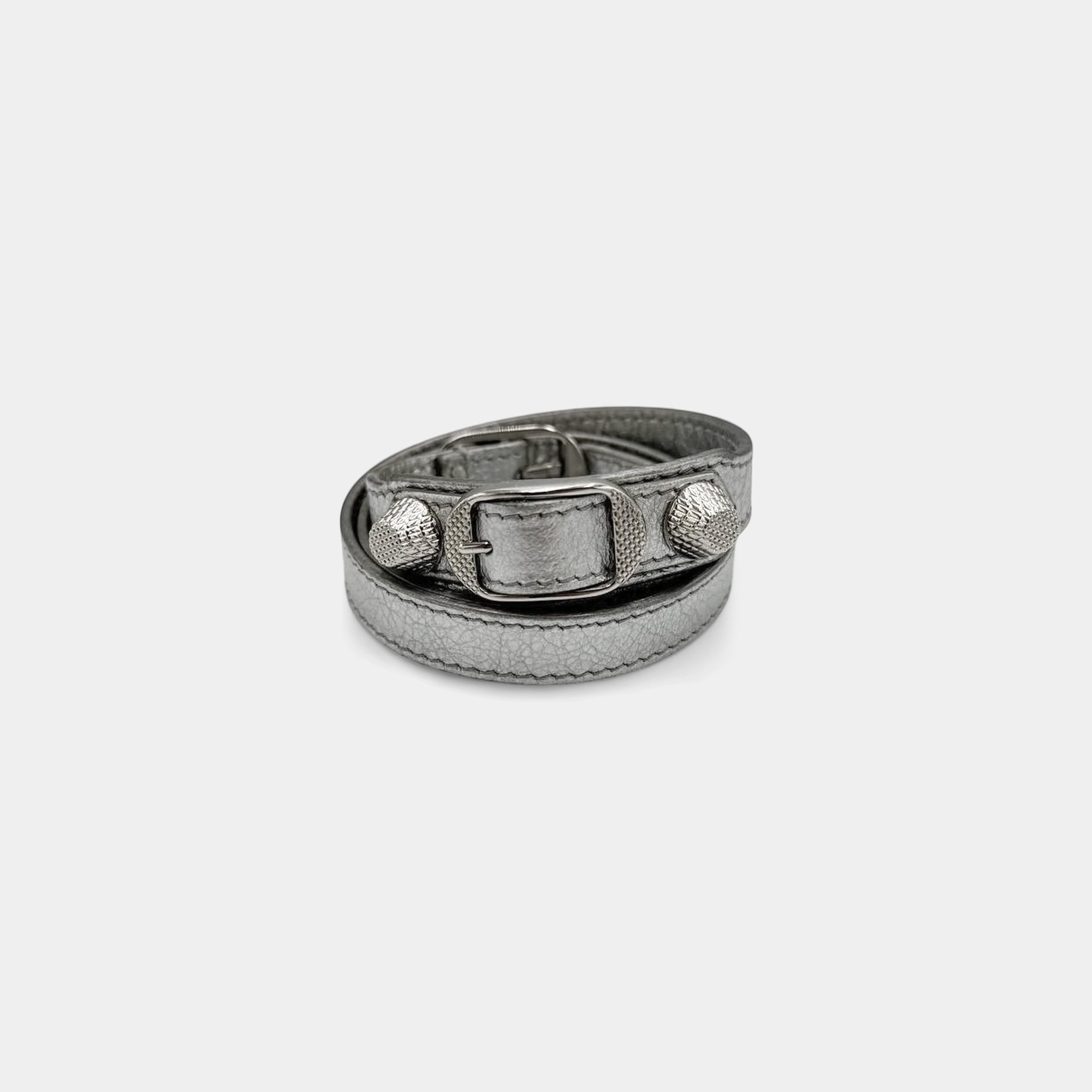 Balenciaga Metallic Silver Arena Leather City Stud Wrap Bracelet
