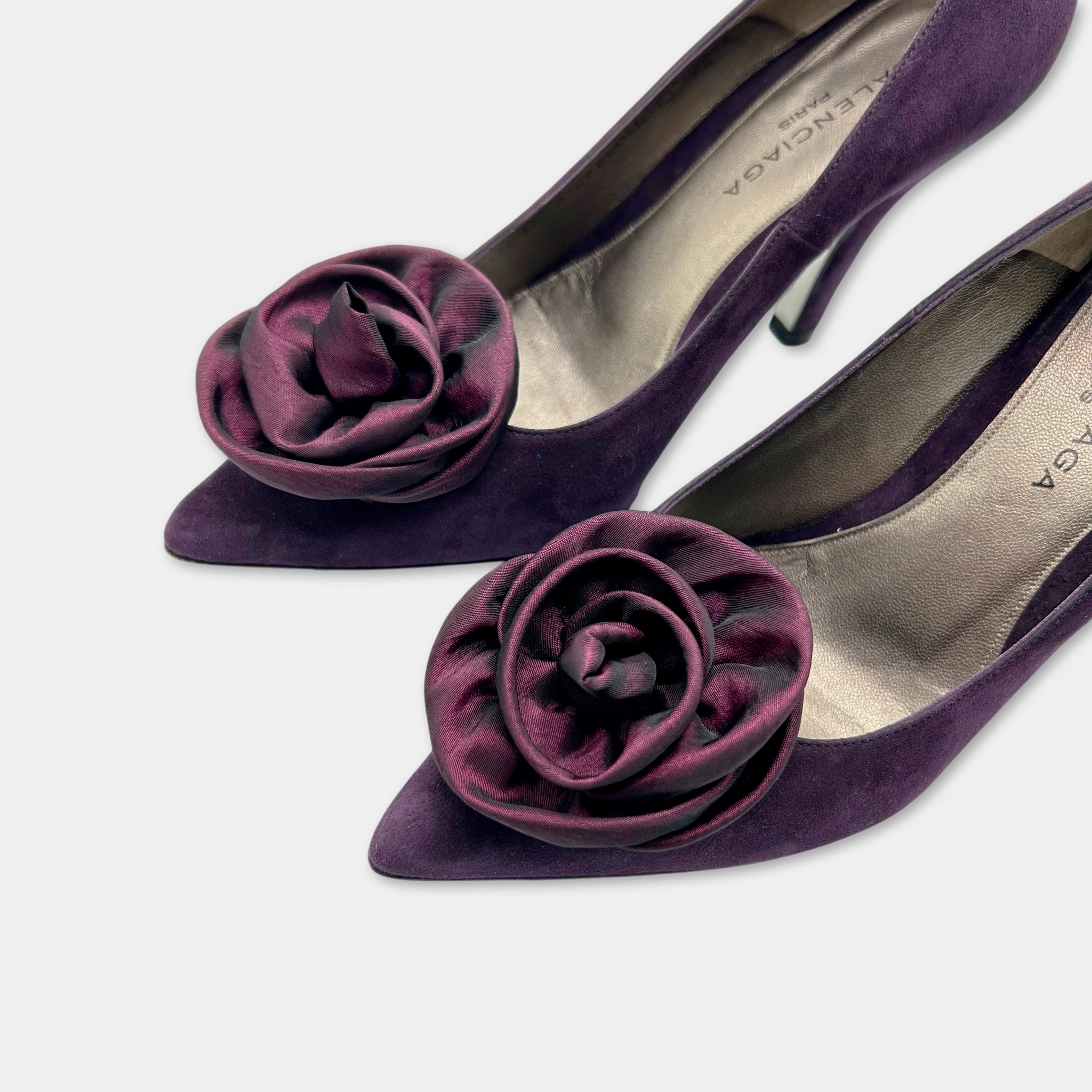 Balenciaga 2002 Purple Suede Rose Pumps by Nicolas Ghesquière