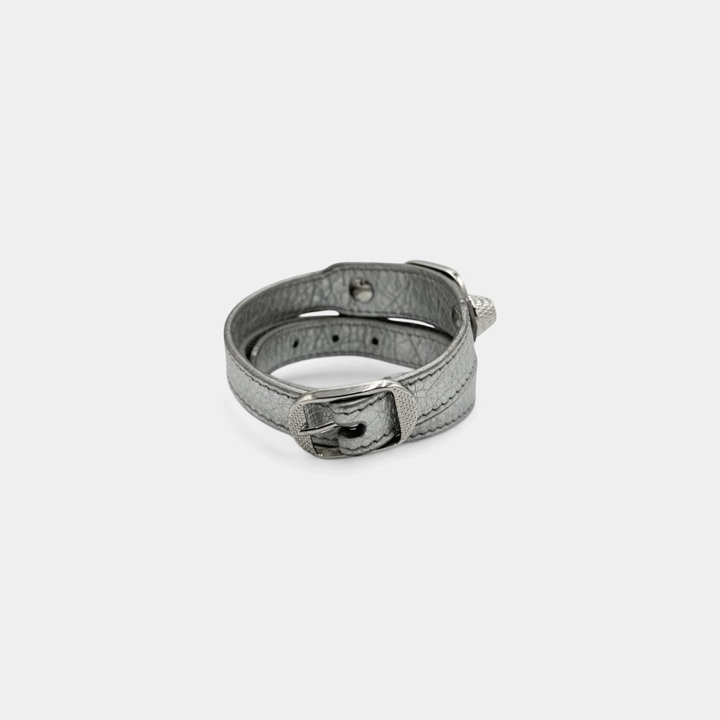 Balenciaga Metallic Silver Arena Leather City Stud Wrap Bracelet