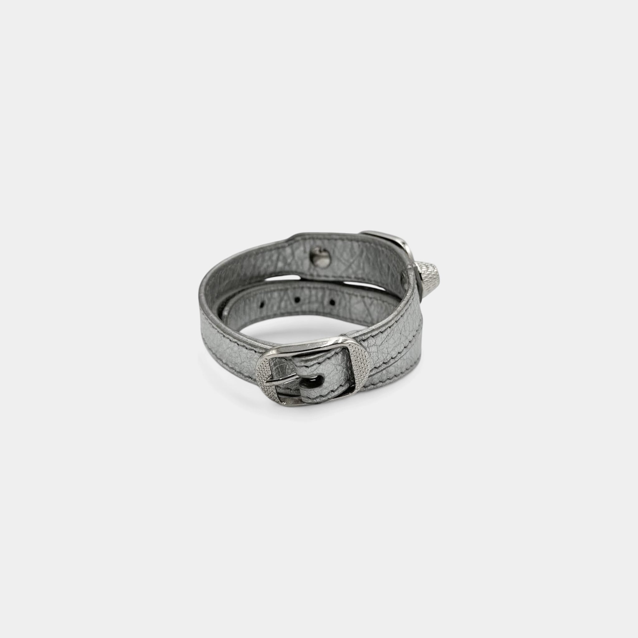 Balenciaga Metallic Silver Arena Leather City Stud Wrap Bracelet