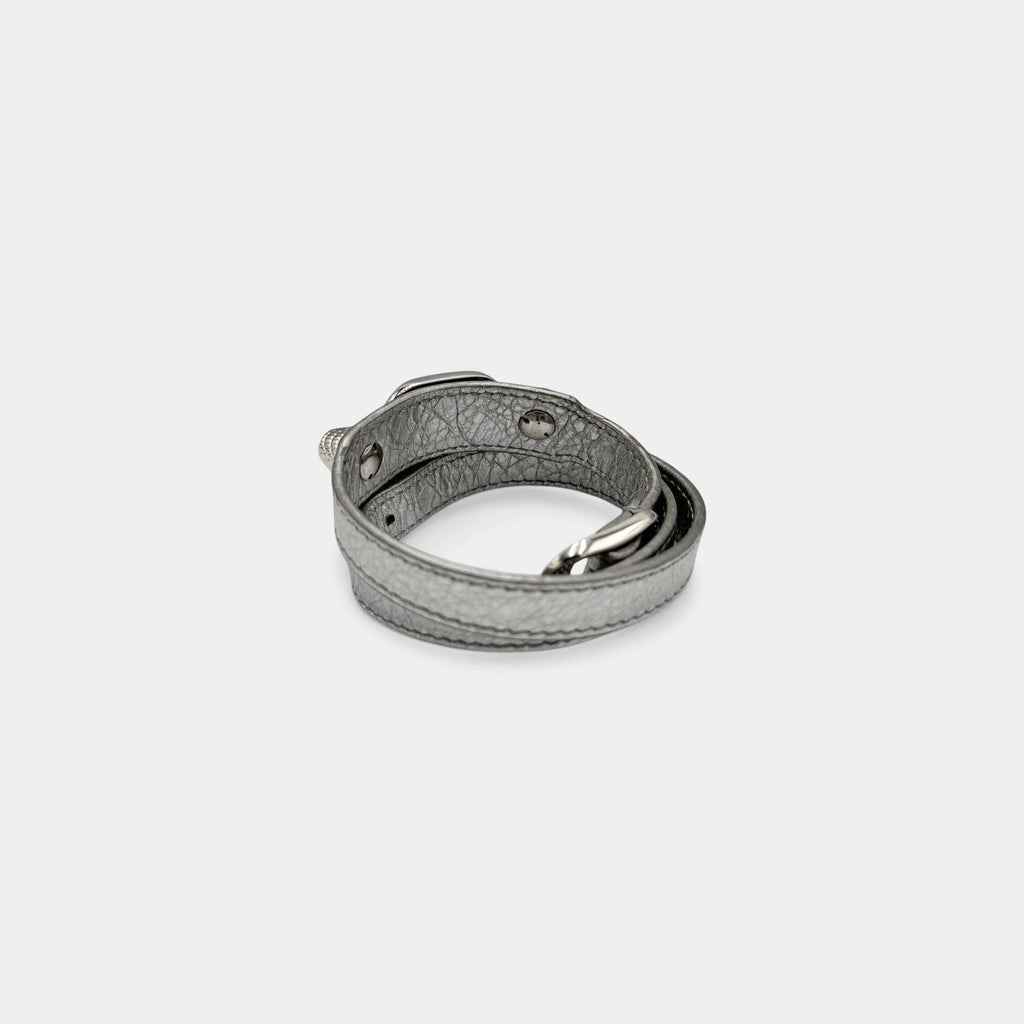 Balenciaga Metallic Silver Arena Leather City Stud Wrap Bracelet