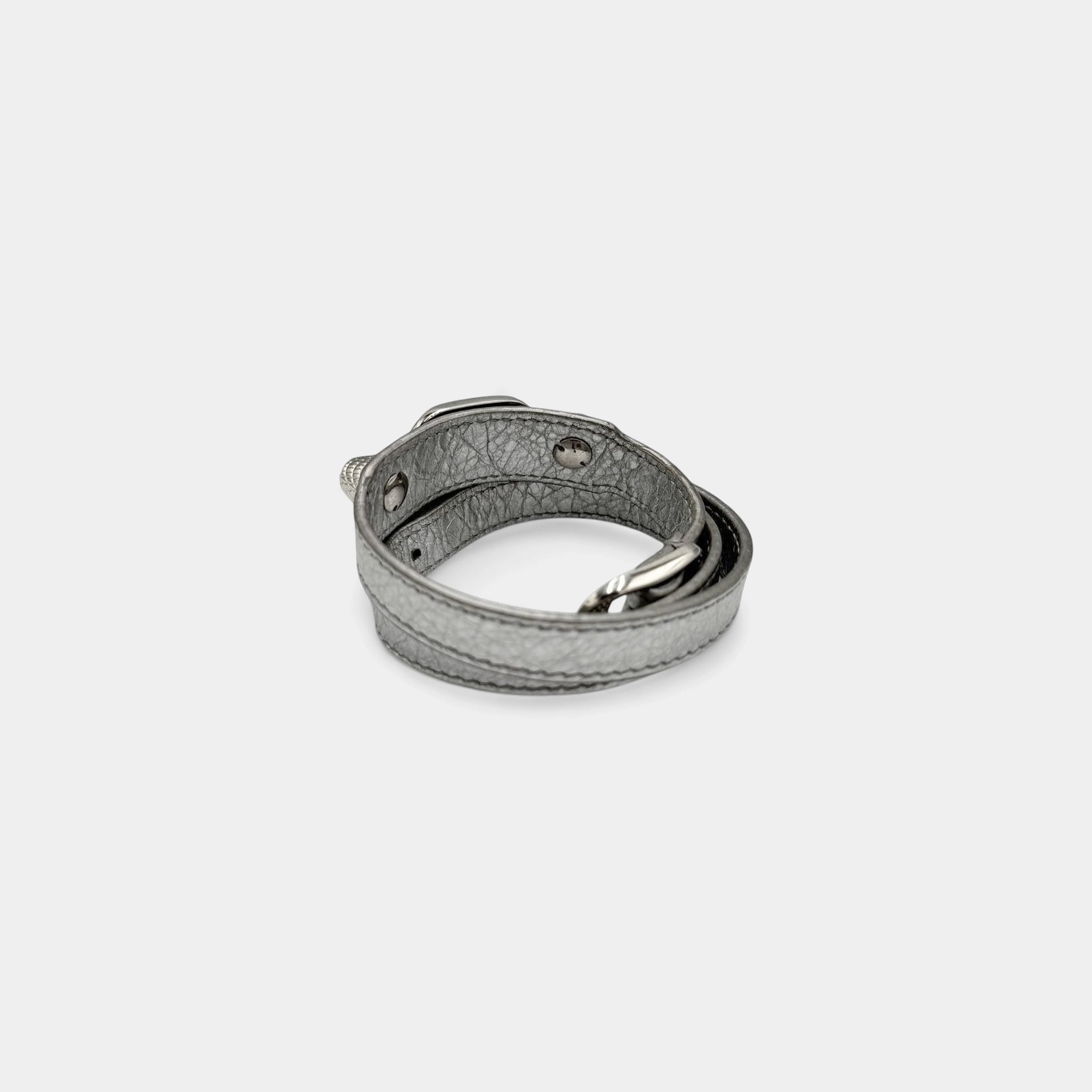 Balenciaga Metallic Silver Arena Leather City Stud Wrap Bracelet
