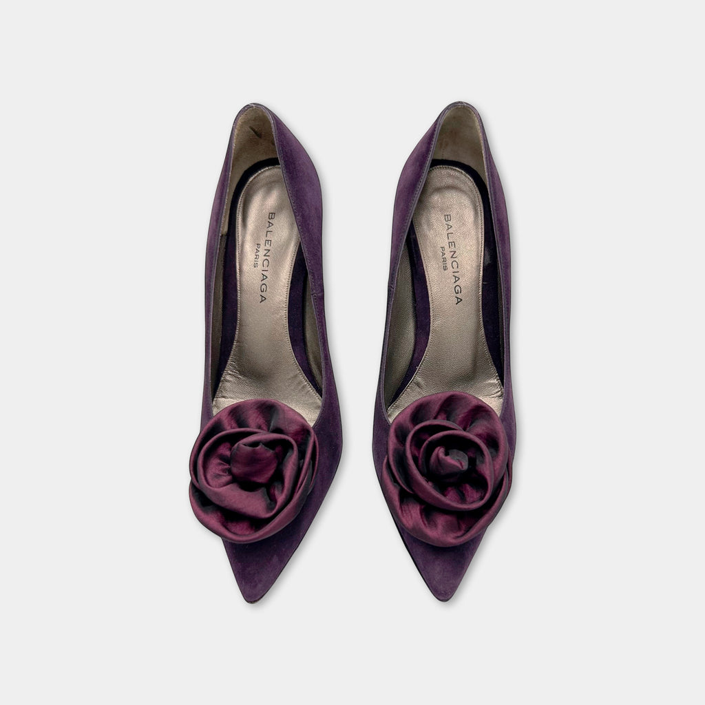 Balenciaga 2002 Purple Suede Rose Pumps by Nicolas Ghesquière