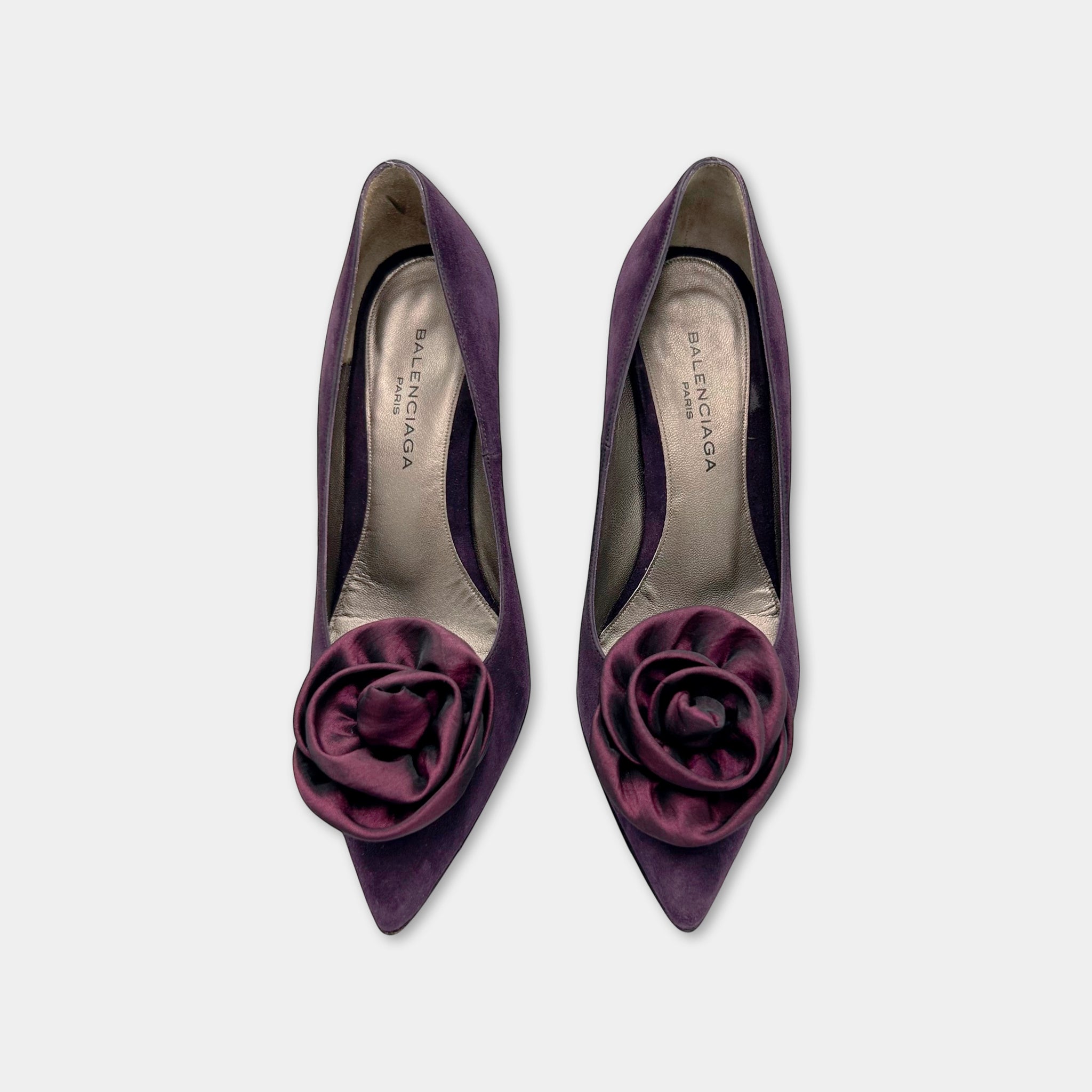 Balenciaga 2002 Purple Suede Rose Pumps by Nicolas Ghesquière
