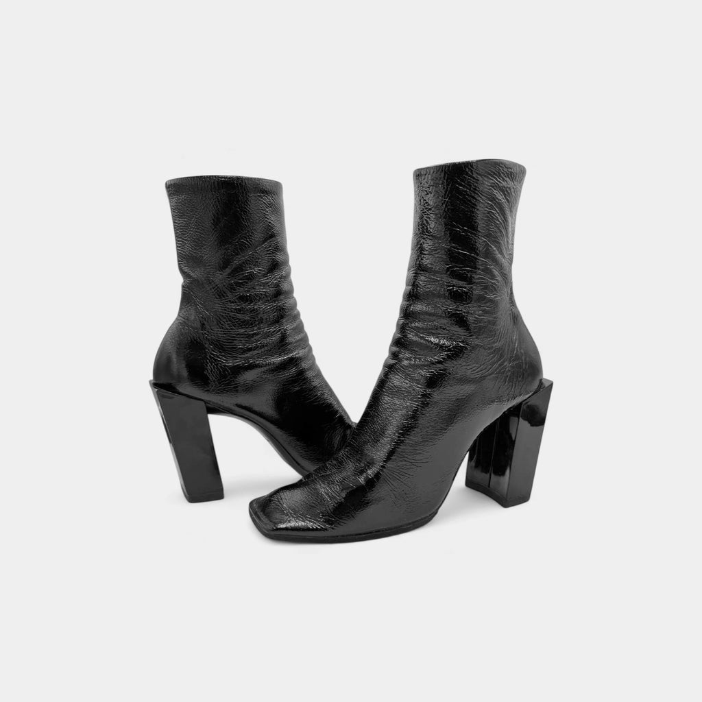Balenciaga Black Crinkled Patent Leather Sculpted Block Heel Boots