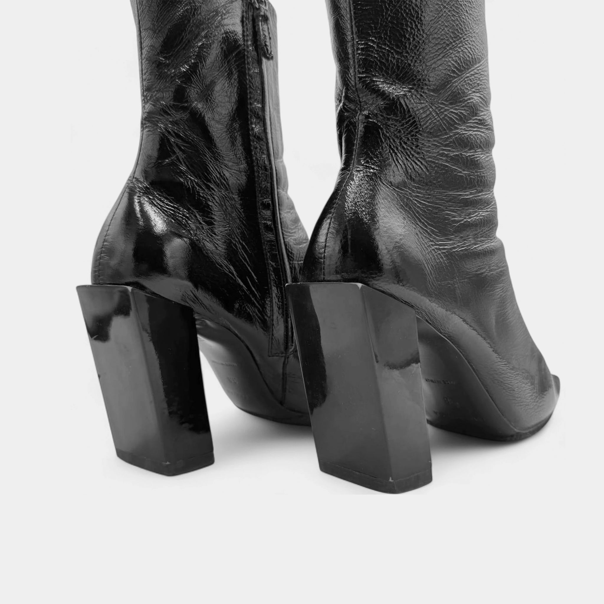 Balenciaga Black Crinkled Patent Leather Sculpted Block Heel Boots