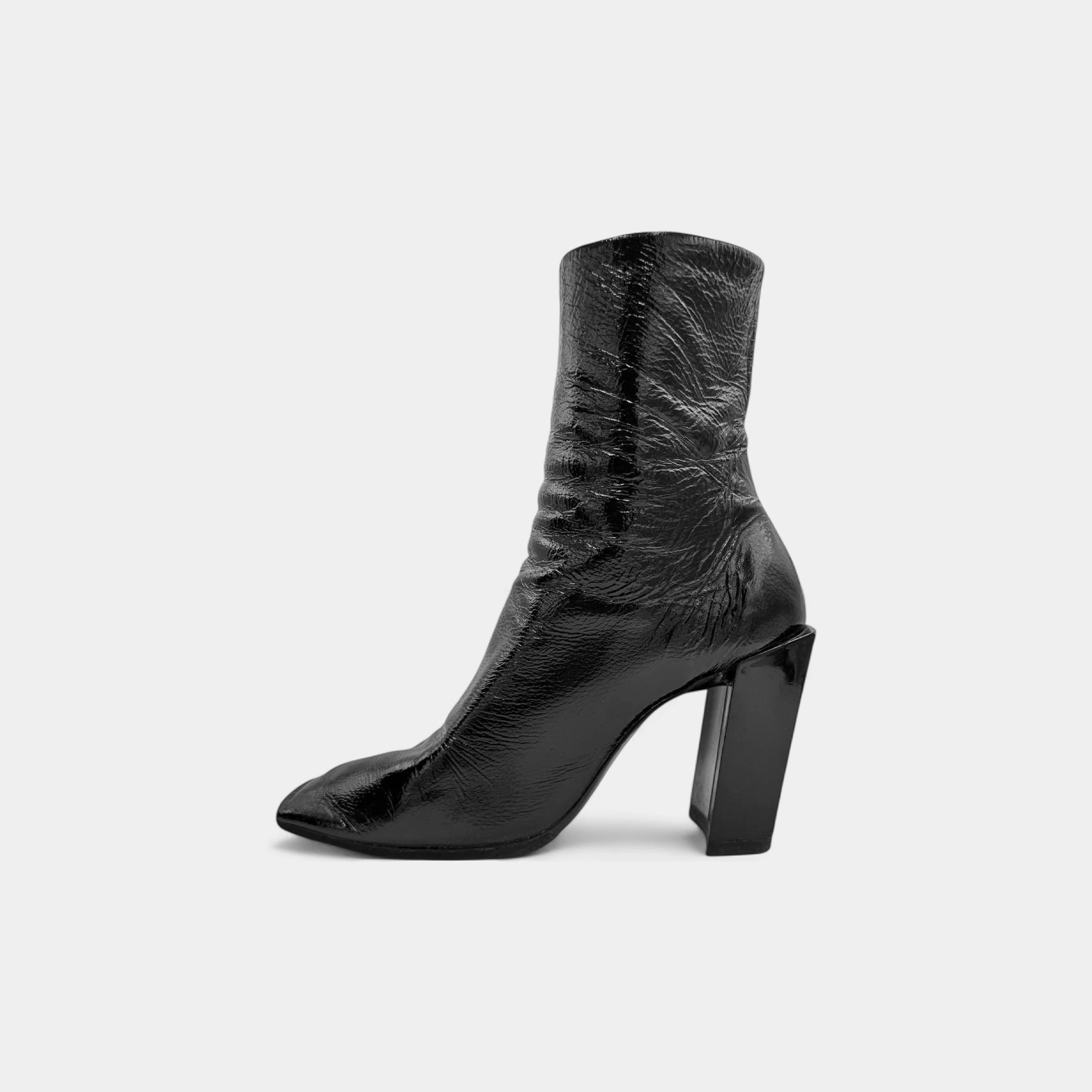 Balenciaga Black Crinkled Patent Leather Sculpted Block Heel Boots