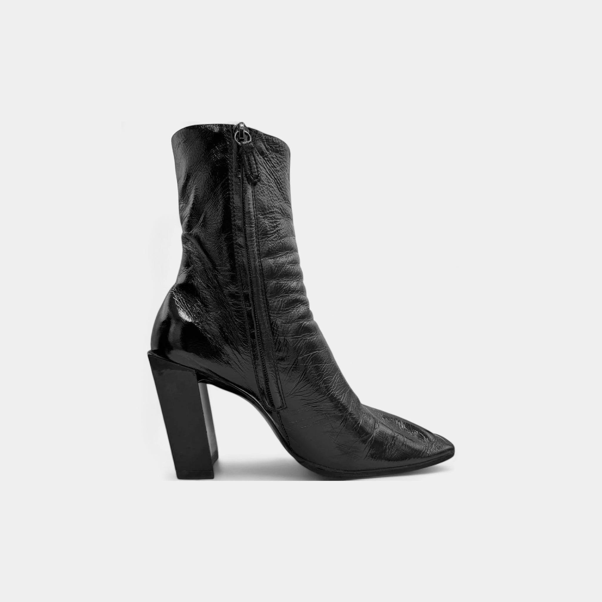 Balenciaga Black Crinkled Patent Leather Sculpted Block Heel Boots