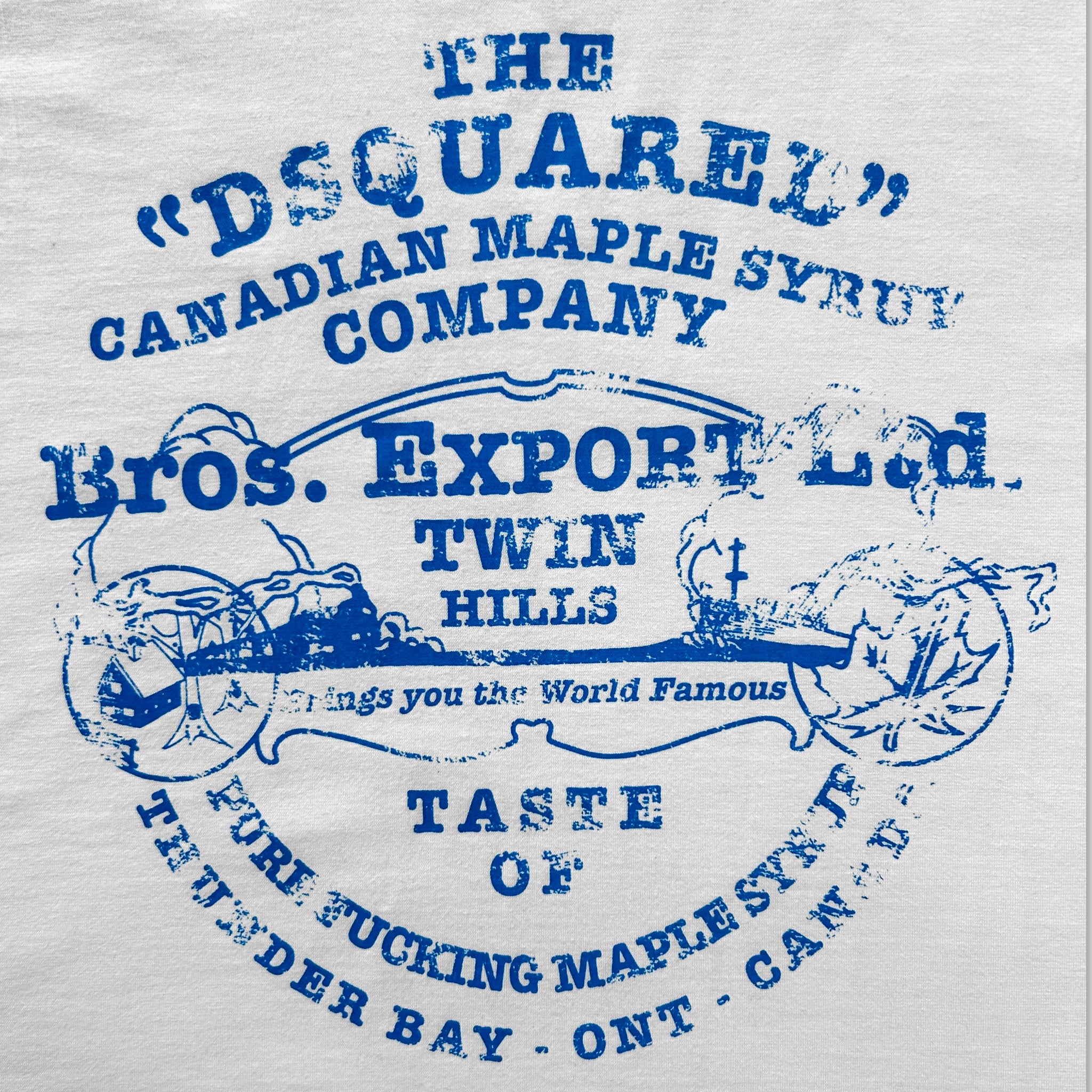 The image is a blue and white vintage-style advertisement for Canadian Maple Syrup Company, featuring text and illustrations related to the company's products and services.
