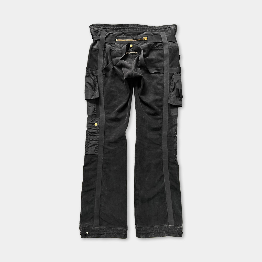 A pair of black cargo pants with multiple pockets and straps.