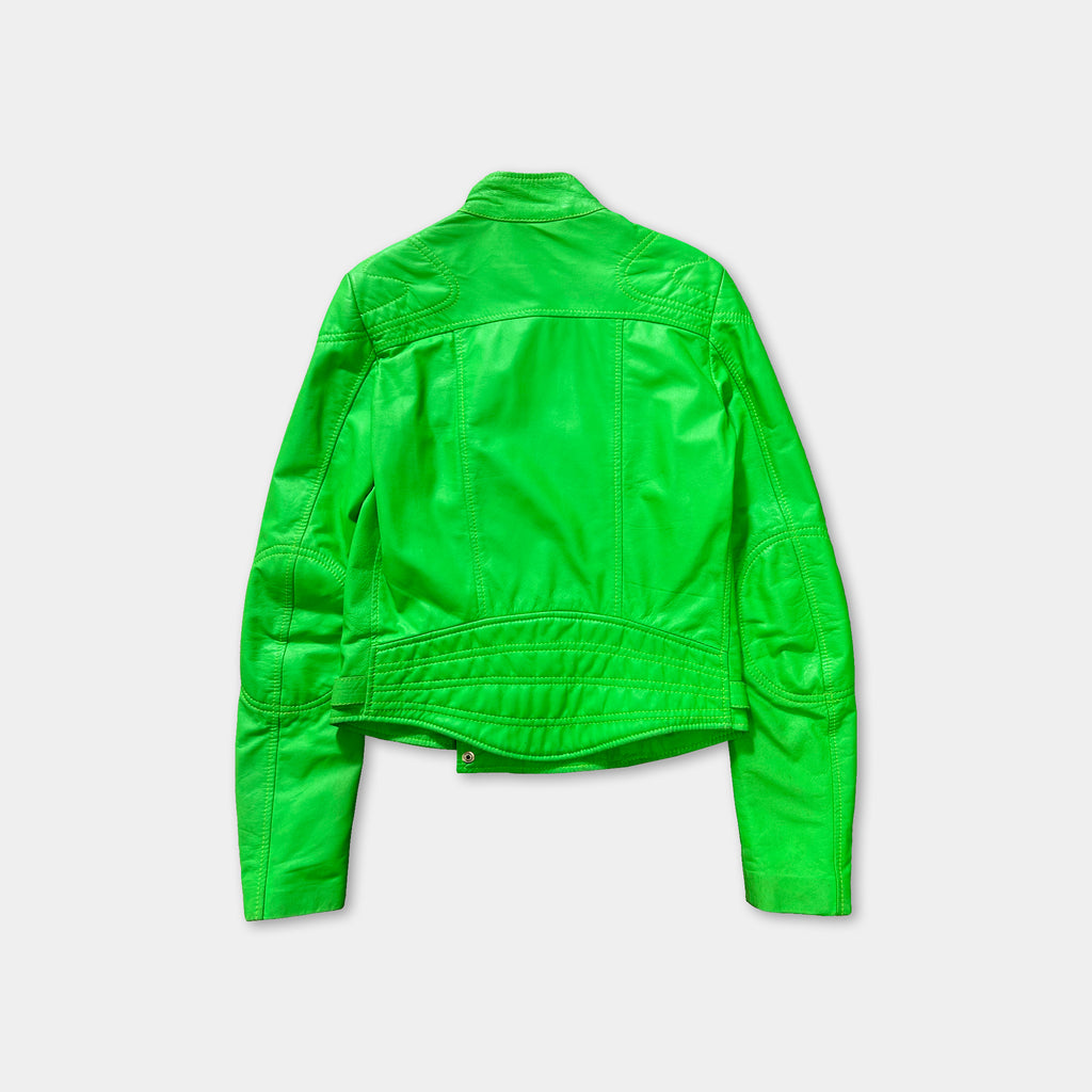 A bright green leather jacket is shown against a white background.