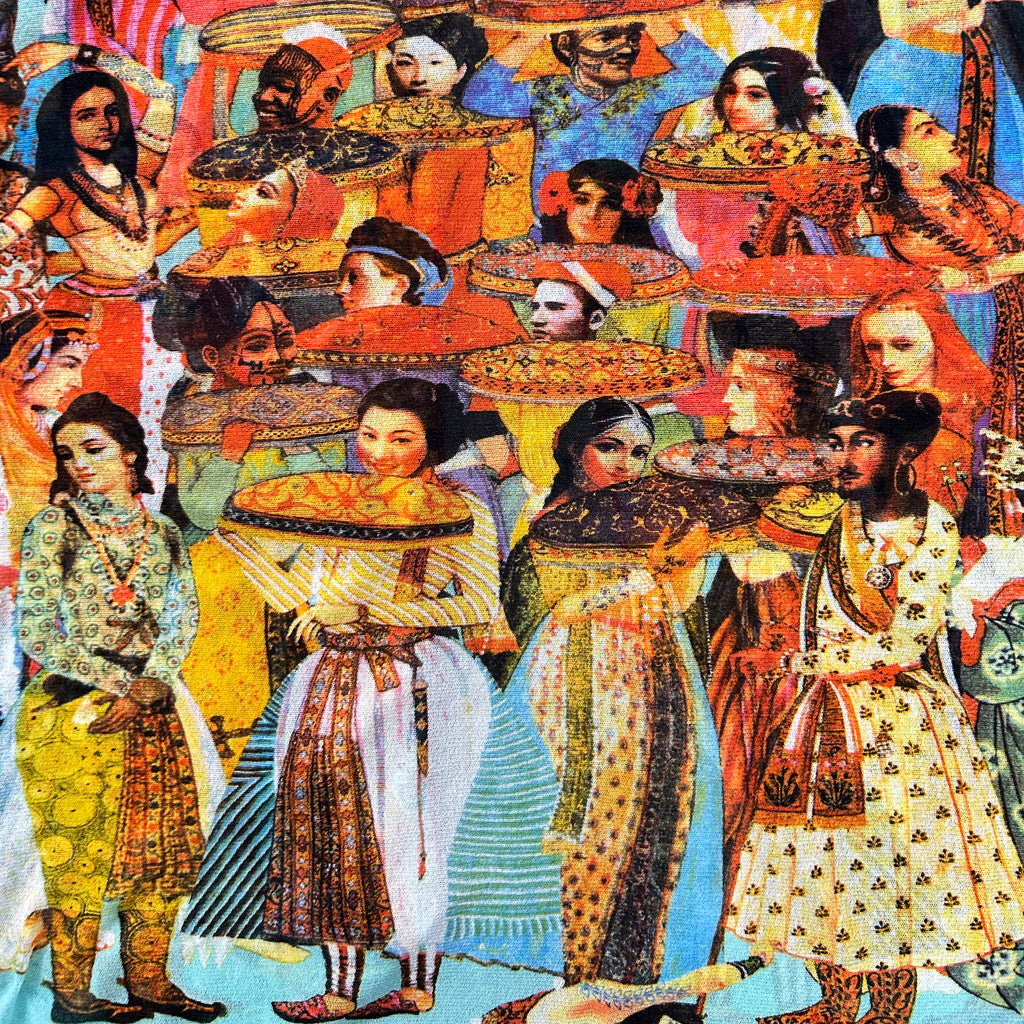 The image is a vibrant collage featuring a diverse array of people in traditional attire, including men, women, and children, all adorned with colorful clothing and accessories. The collage is a lively and dynamic representation of various cultures and traditions, with each individual contributing to the overall visual narrative.