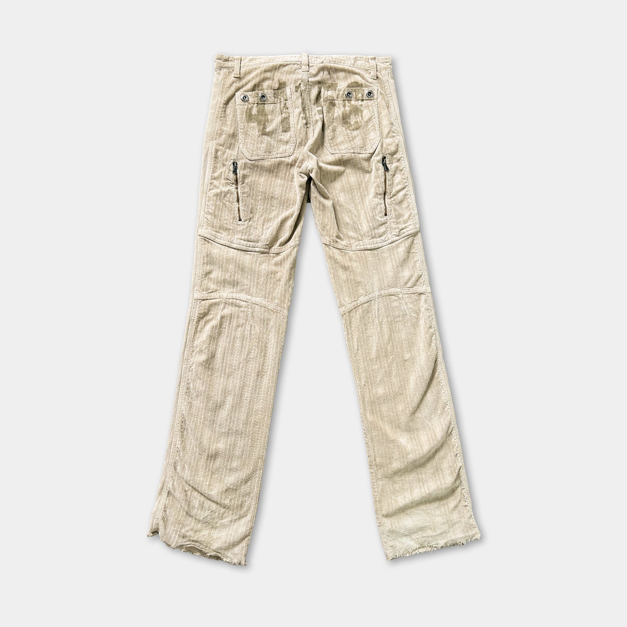 A pair of khaki cargo pants with multiple pockets and a zipper closure.