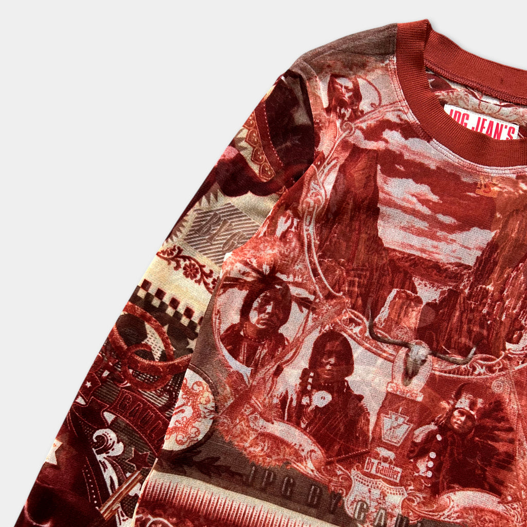 The image is a close-up of a red and white patterned shirt with various images and designs, including people, animals, and landscapes.