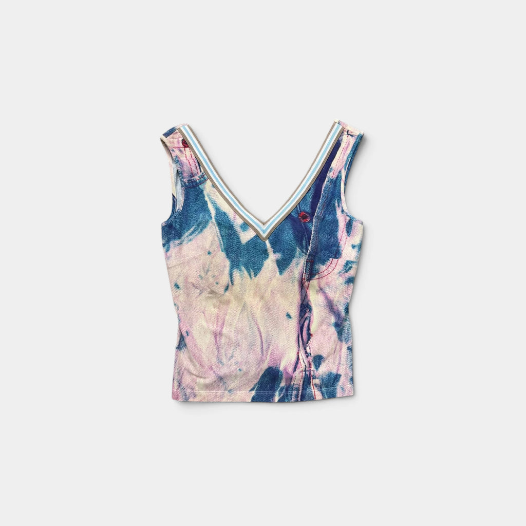 Just Cavalli 2000s Blue Pink Tie-Dye Denim V-Neck Tank Top