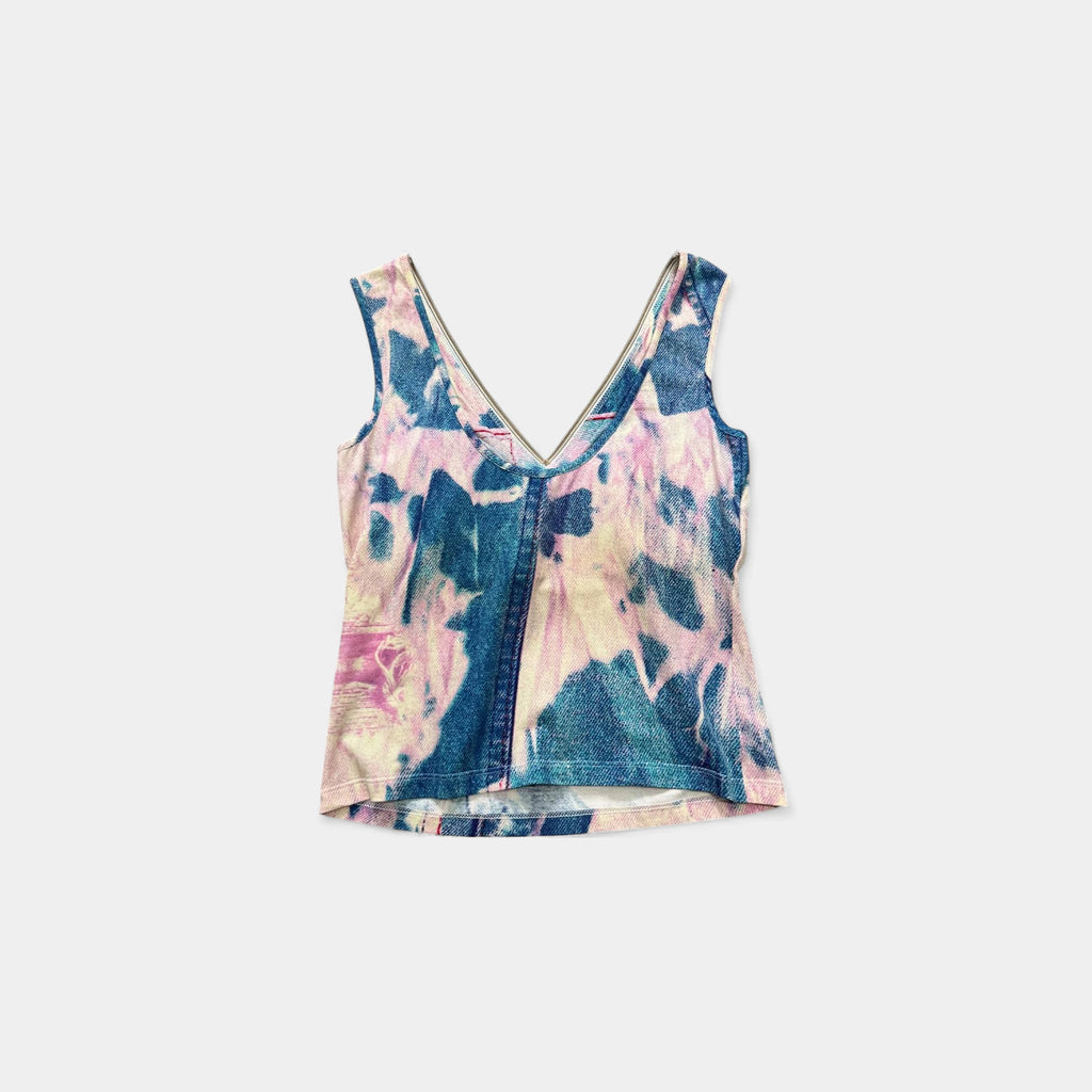 Just Cavalli 2000s Blue Pink Tie-Dye Denim V-Neck Tank Top