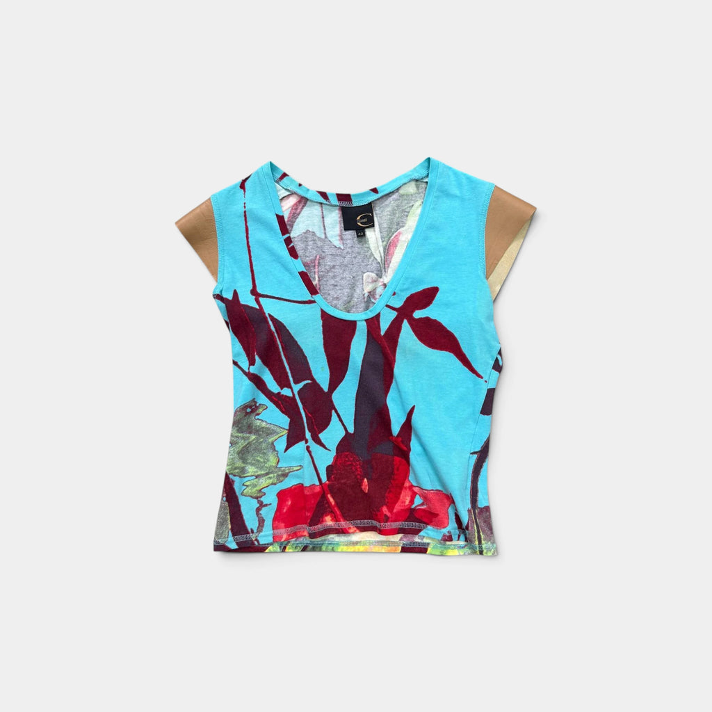Just Cavalli 2000s Floral Print V-Neck Top Leather Sleeves