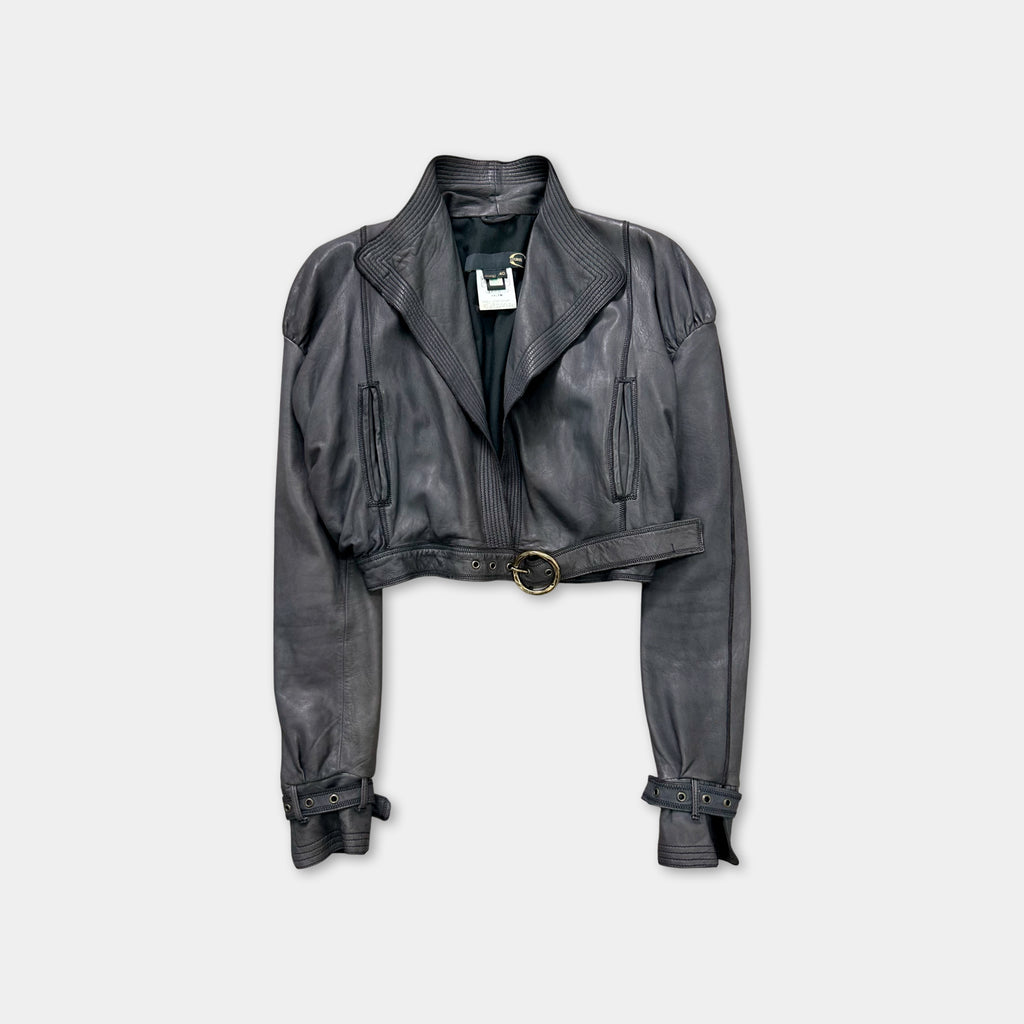 Just Cavalli Cropped Victorian Dark Gray Leather Jacket