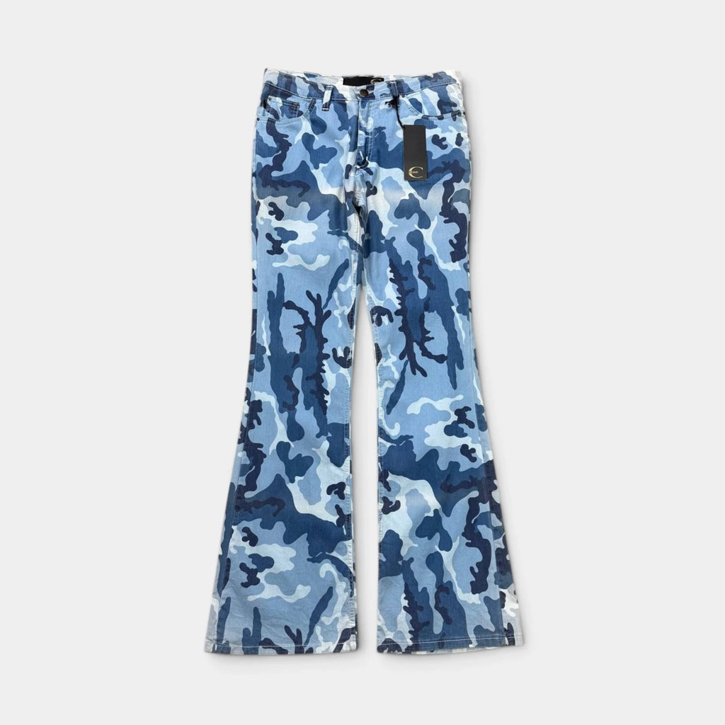 Just Cavalli 2000s Blue Camouflage Flared Denim Jeans
