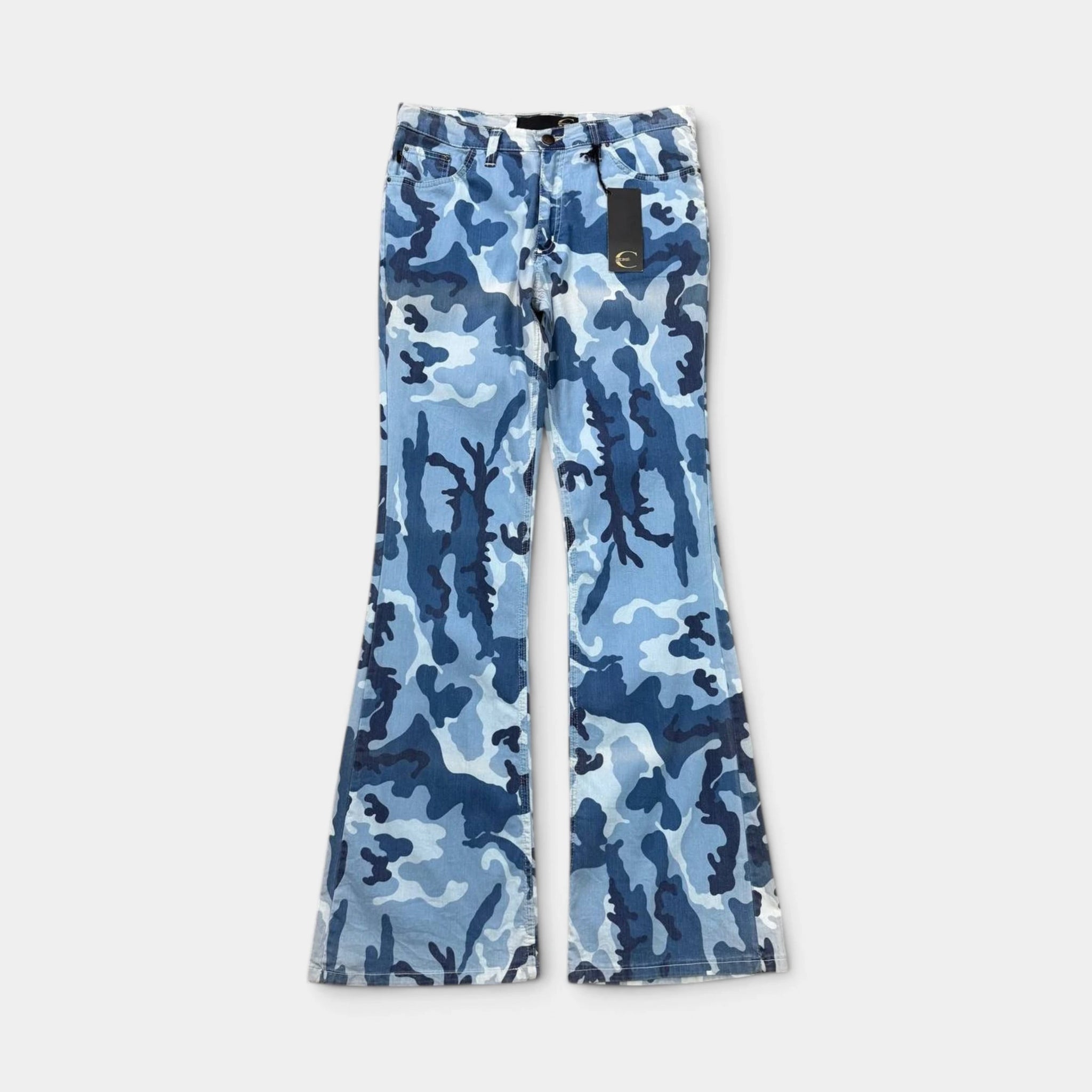 Just Cavalli 2000s Blue Camouflage Flared Denim Jeans