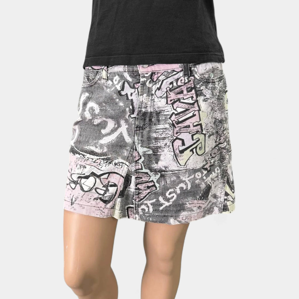 Just Cavalli 2000s Graffiti Print Denim Mini Skirt