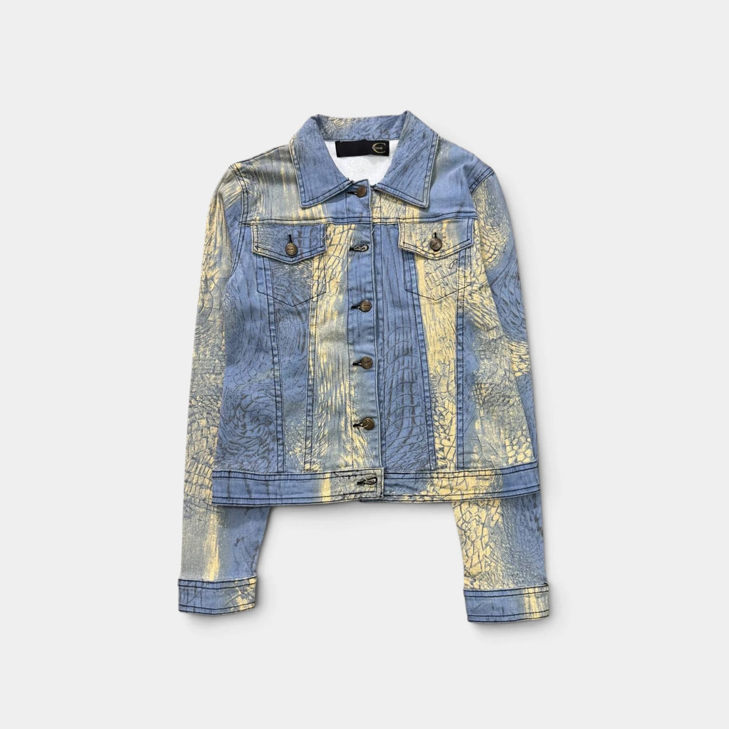 Just Cavalli Yellow Blue Snakeskin Print Trucker Jacket