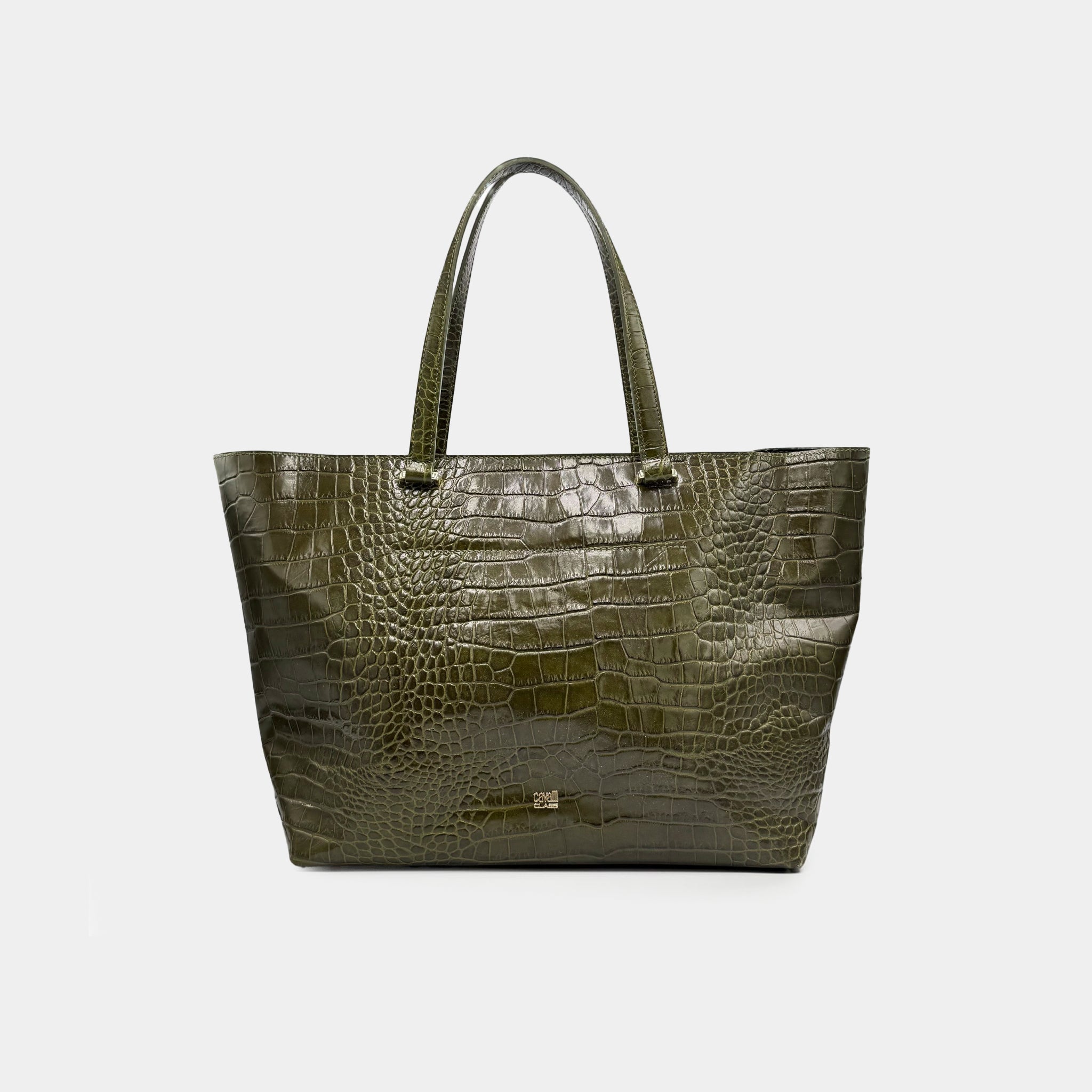 Cavalli Class Green Crocodile Embossed Leather Tote Bag