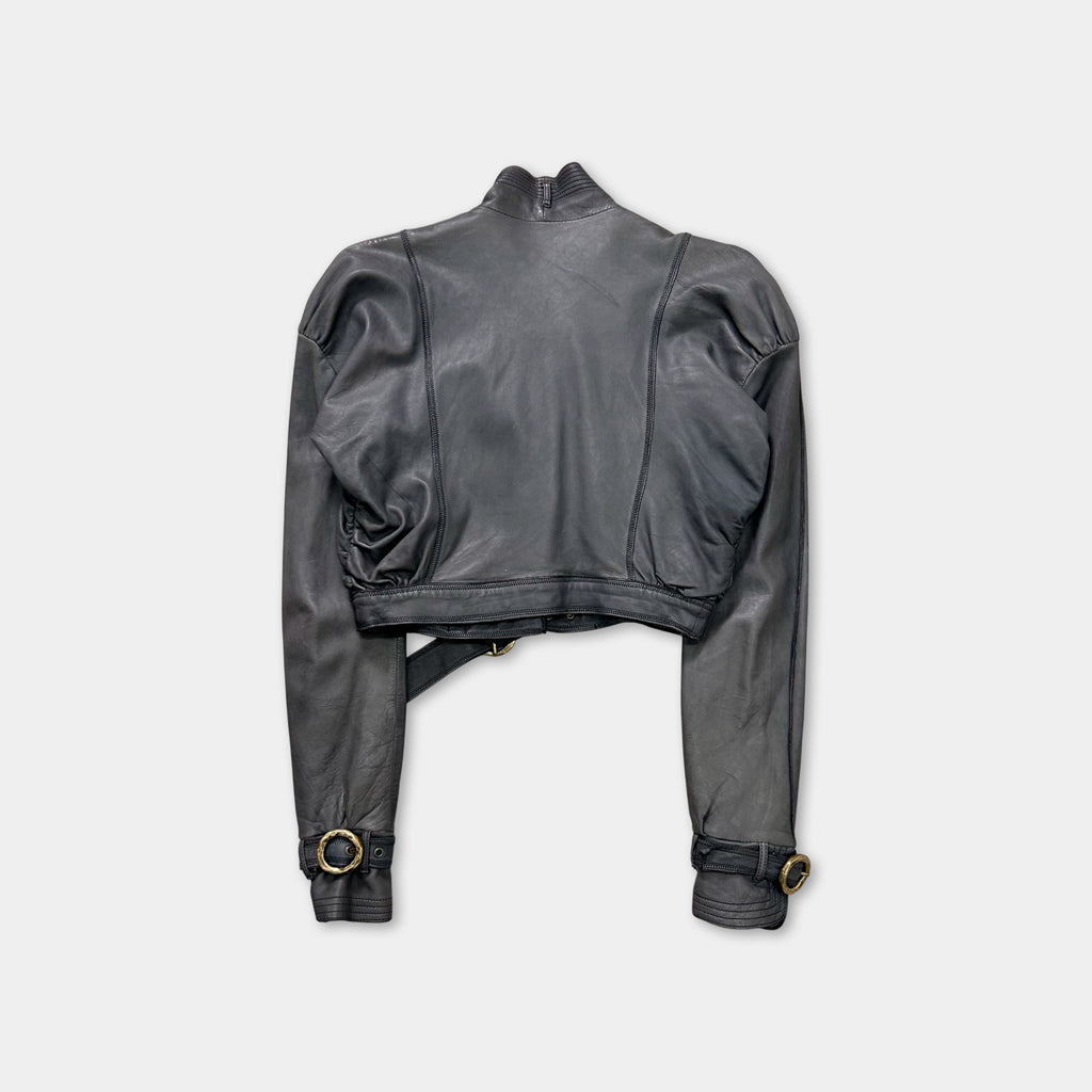 Just Cavalli Cropped Victorian Dark Gray Leather Jacket