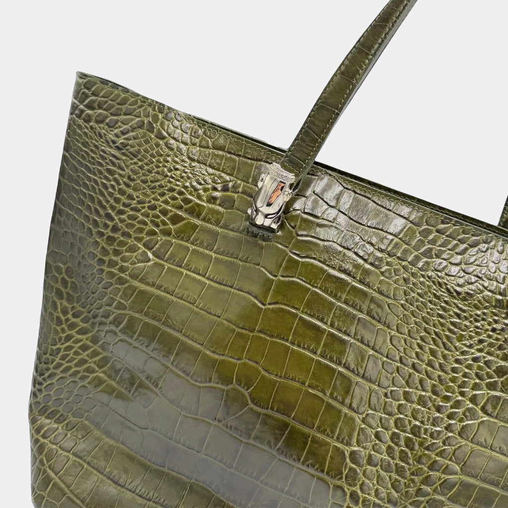 Cavalli Class Green Crocodile Embossed Leather Tote Bag