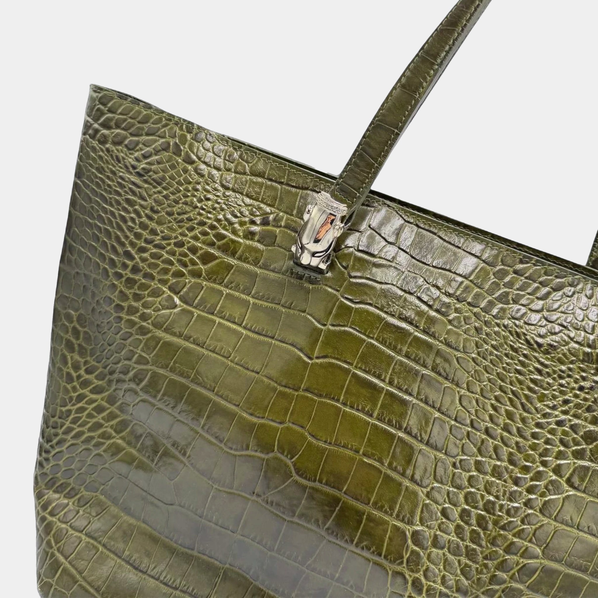 Cavalli Class Green Crocodile Embossed Leather Tote Bag