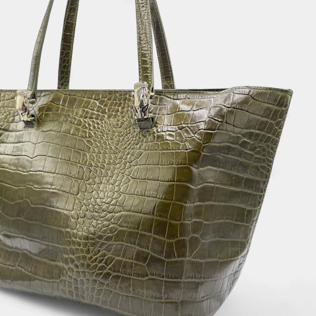 Cavalli Class Green Crocodile Embossed Leather Tote Bag