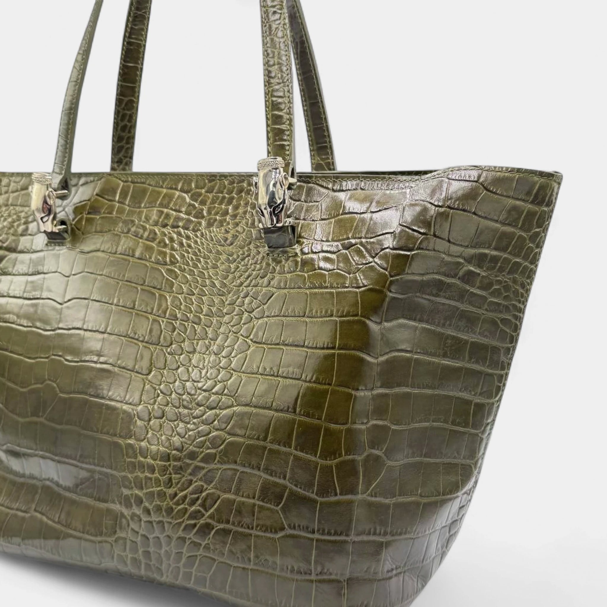 Cavalli Class Green Crocodile Embossed Leather Tote Bag