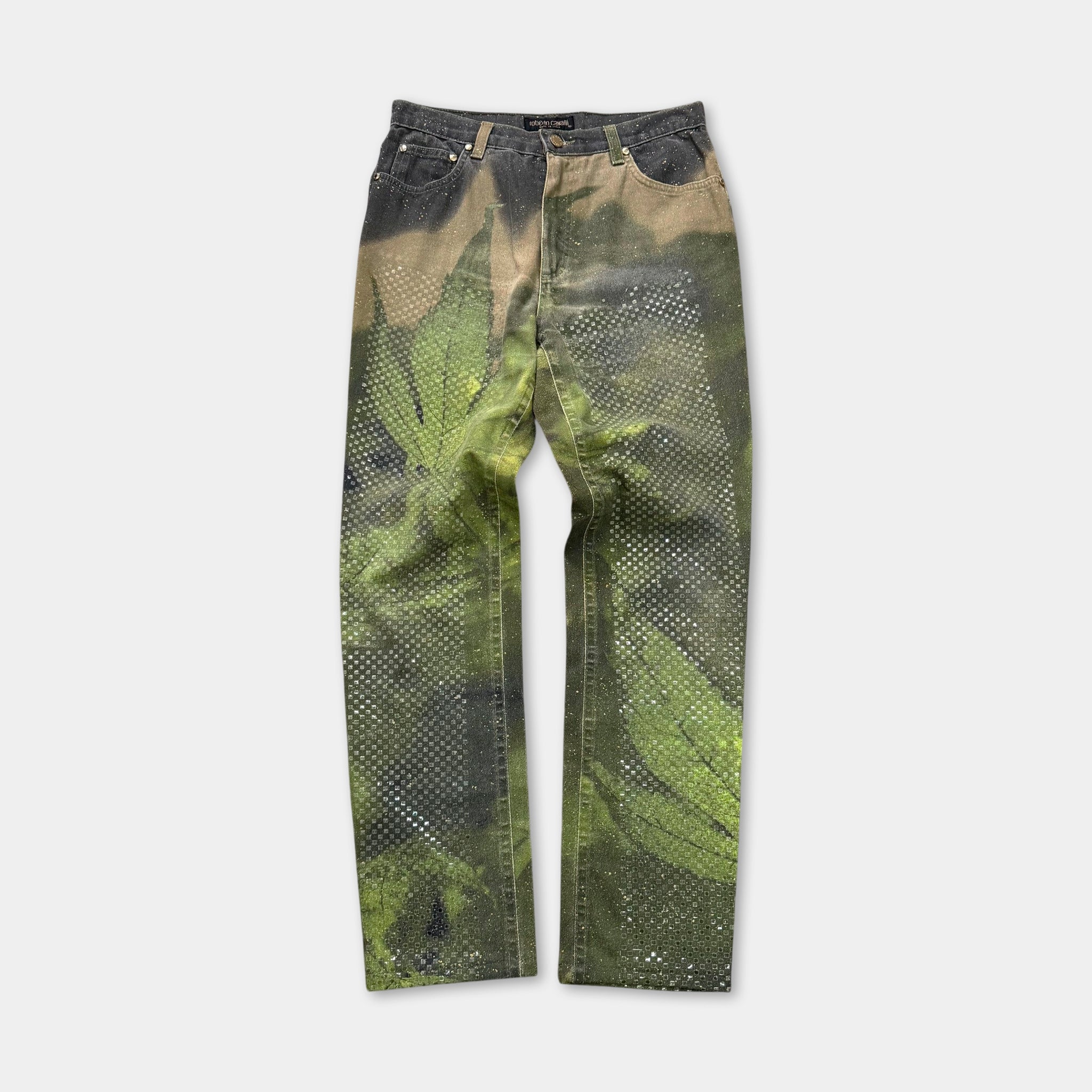 Roberto Cavalli Cannabis Leaf Crystal Embellished Jeans