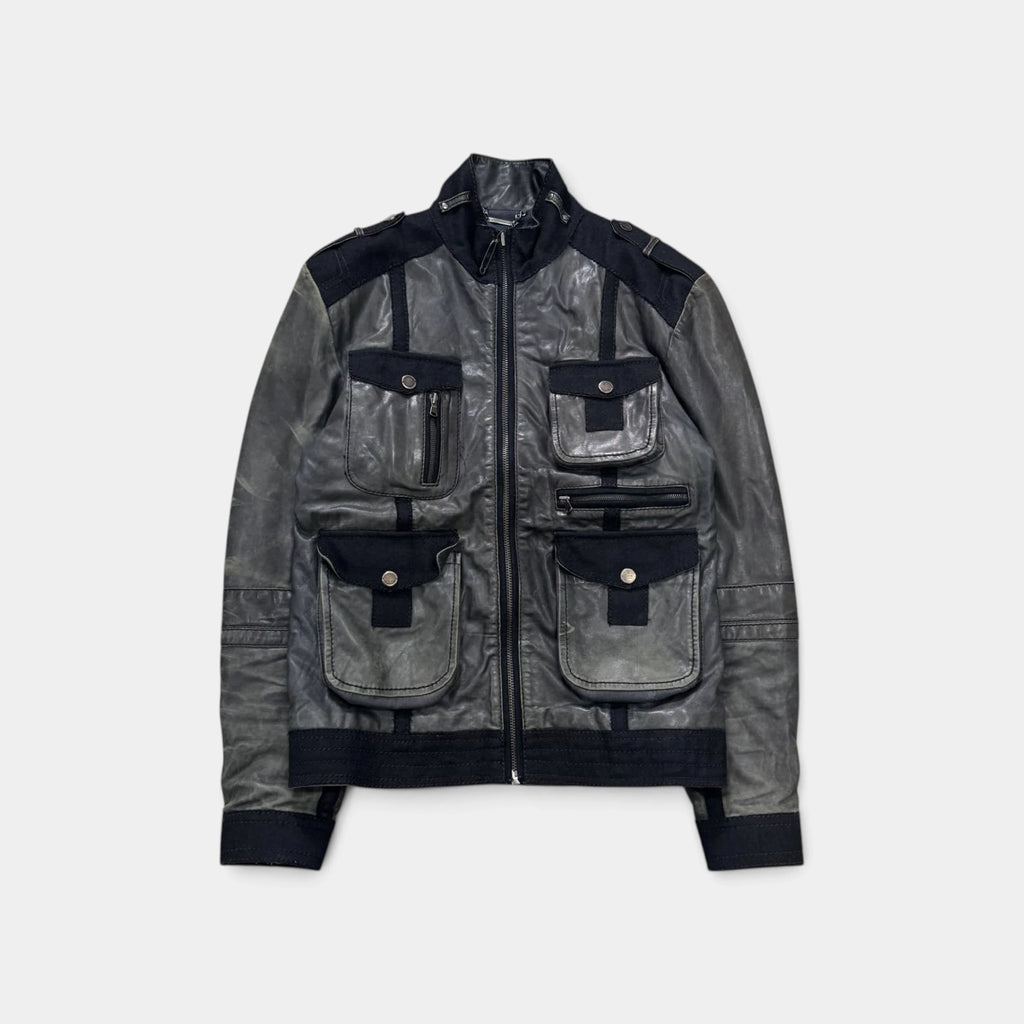 Cavalli Class 2000s Distressed Leather Multi-Pocket Cargo Jacket