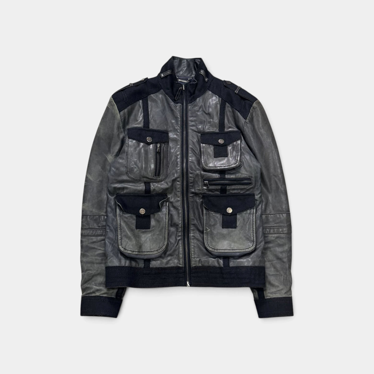 Cavalli Class 2000s Distressed Leather Multi-Pocket Cargo Jacket