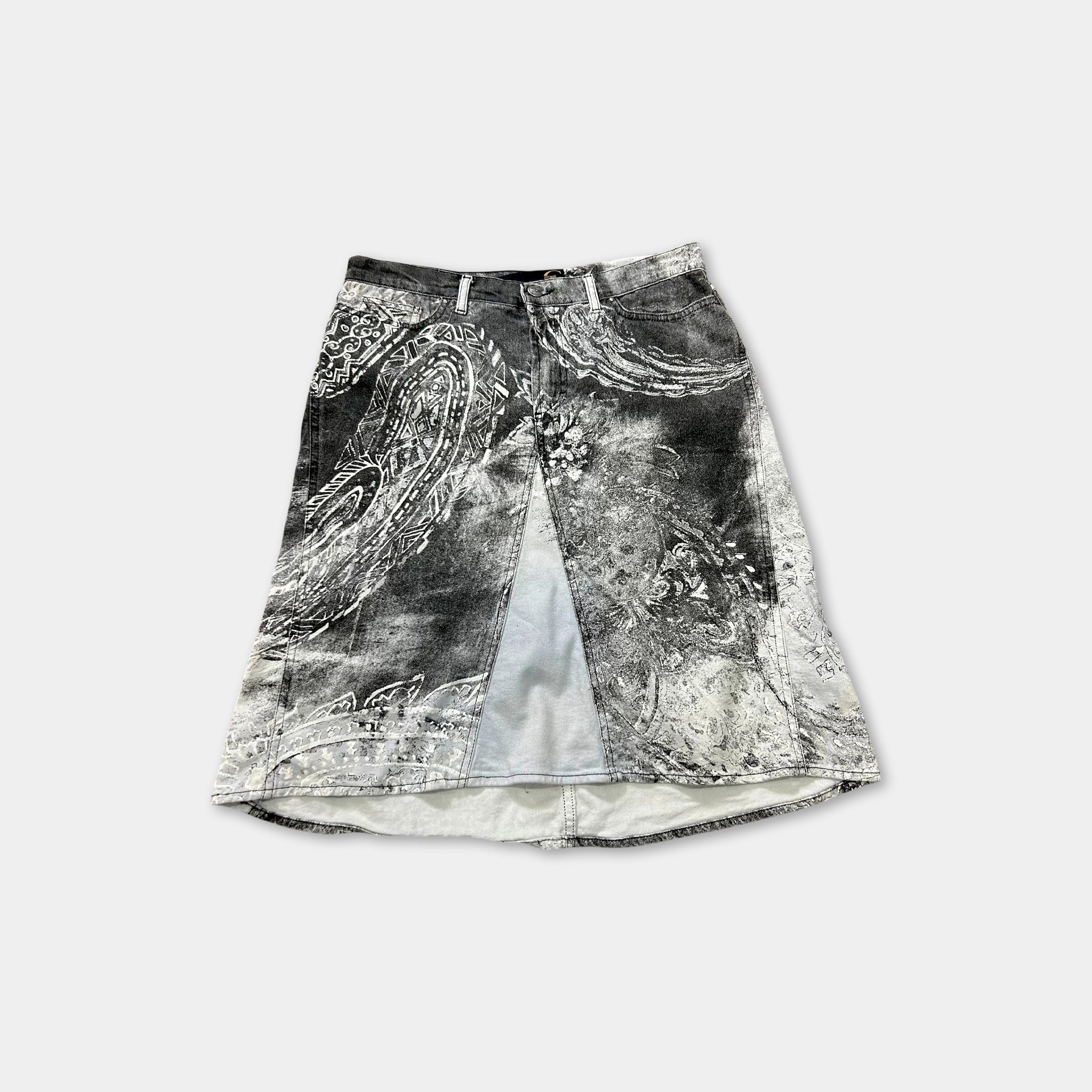 Just Cavalli 2000s Bandana Print Black and White Mid-Length Skirt
