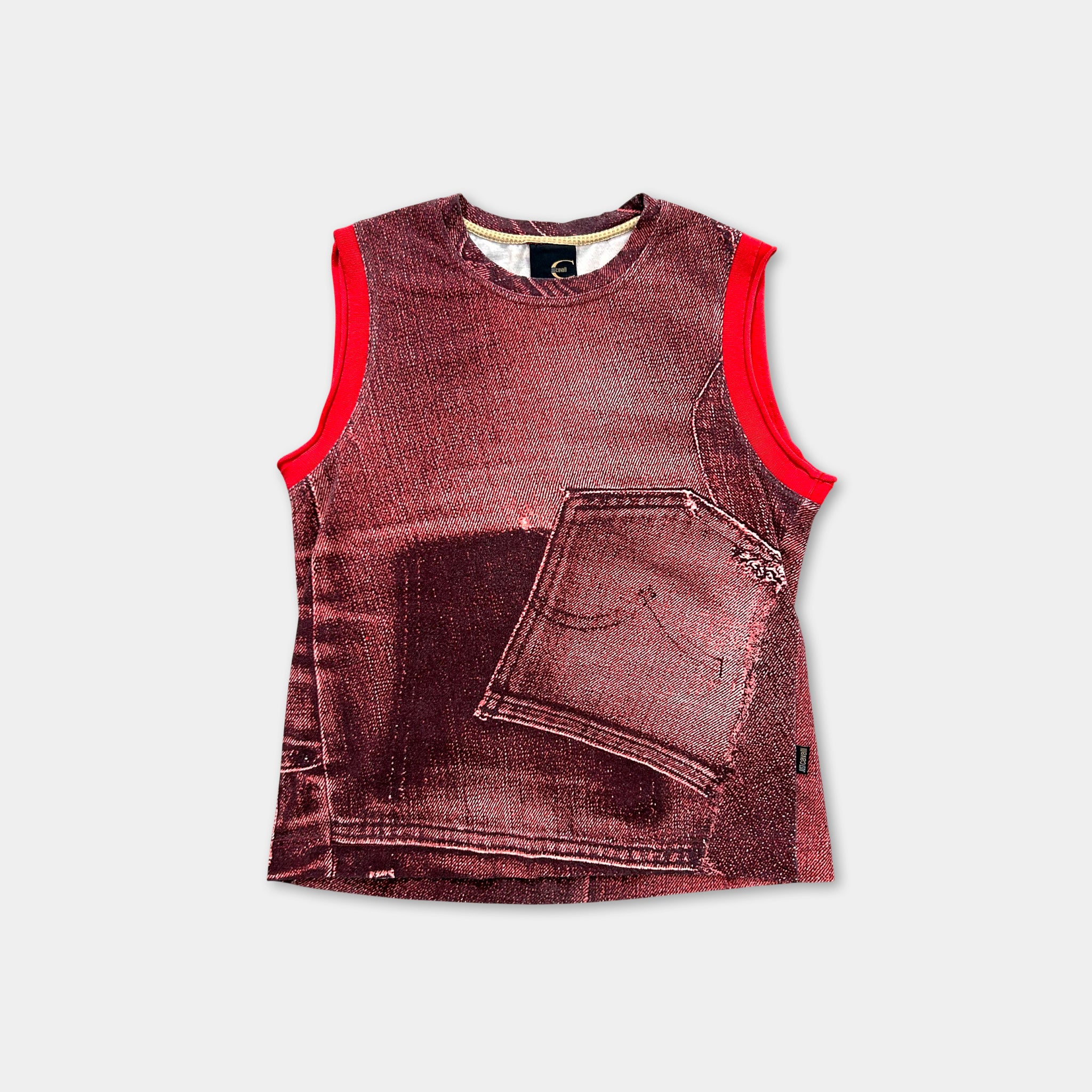 Just Cavalli Red Denim Pattern Sleeveless T-Shirt