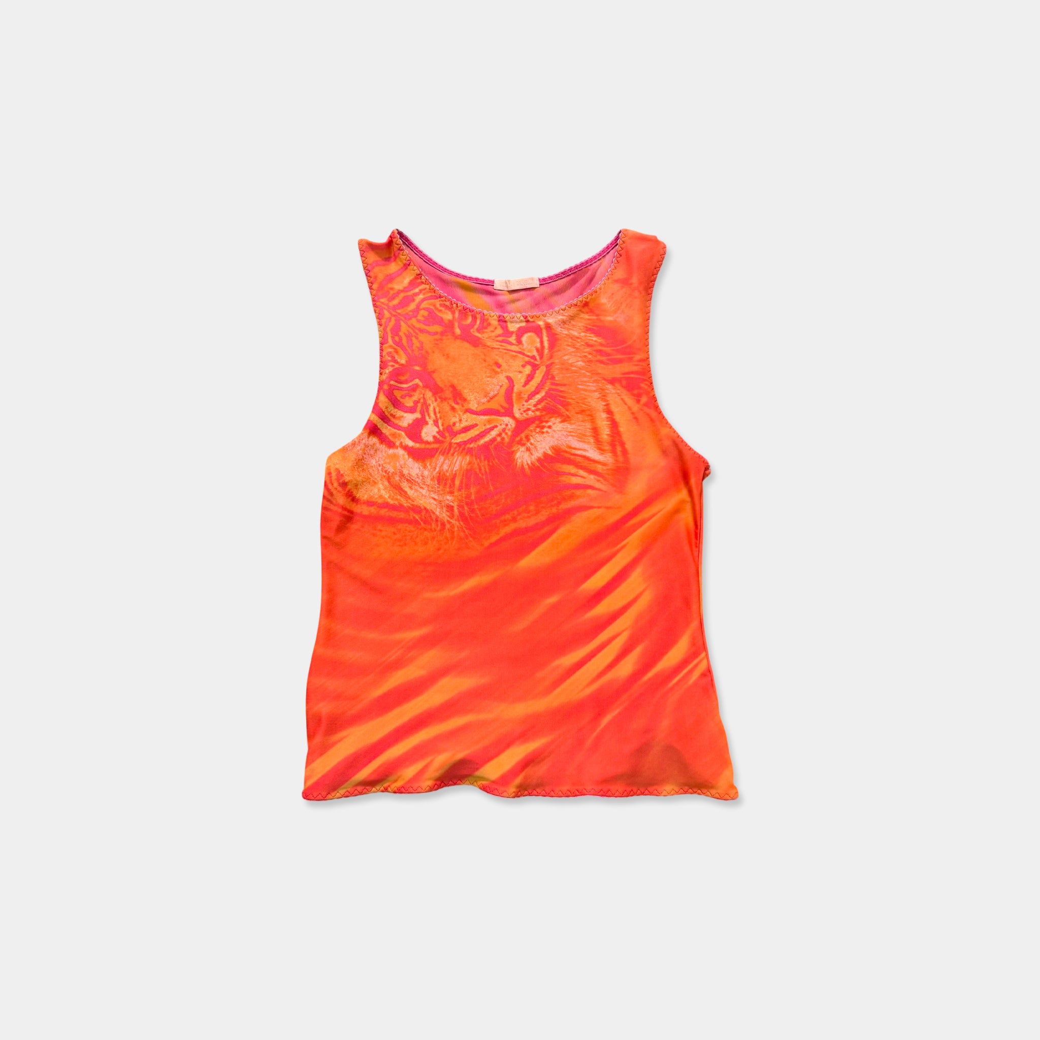 Roberto Cavalli Neon Orange Tiger Print Mesh Tank Top
