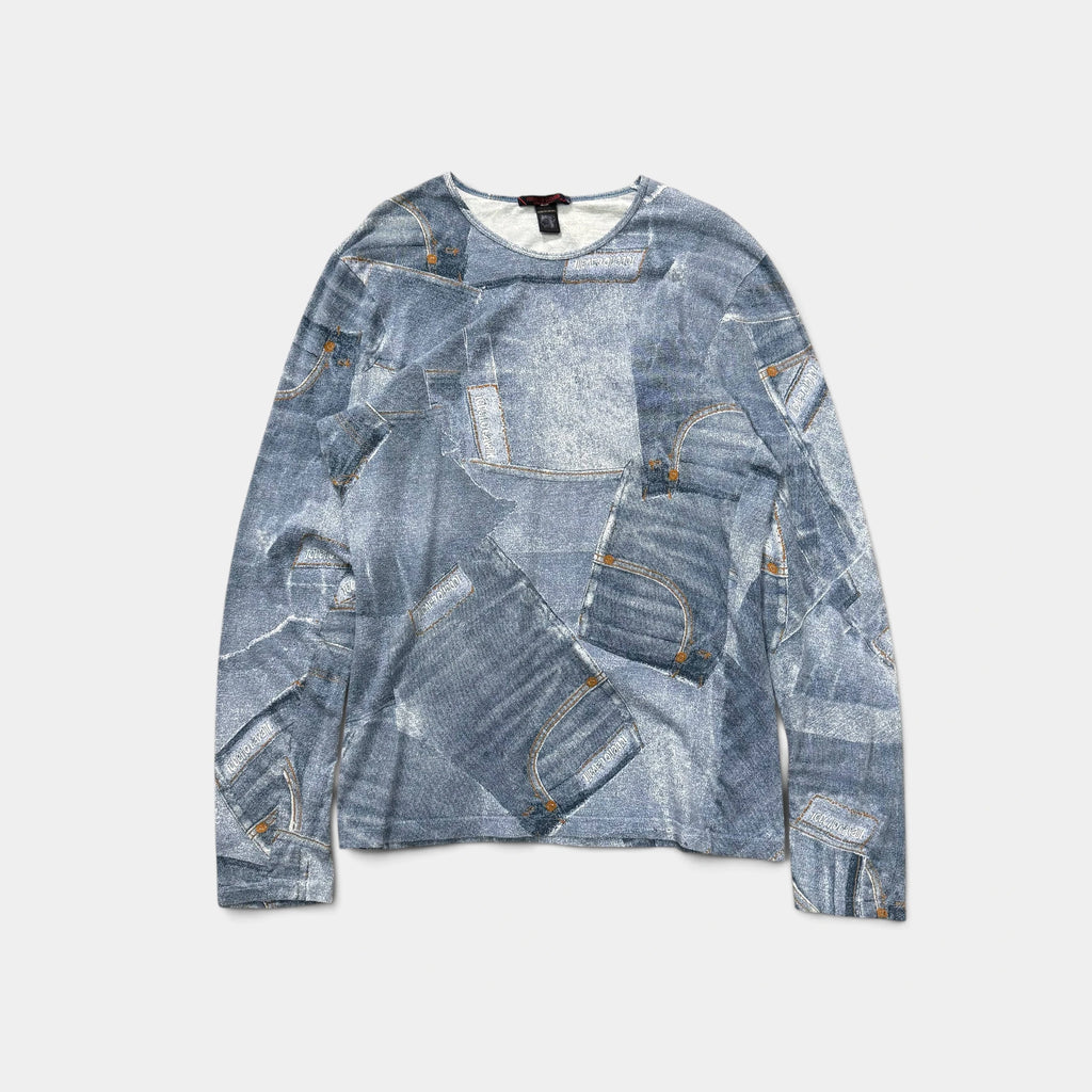 Roberto Cavalli Printed Denim Effect Longsleeve T-shirt